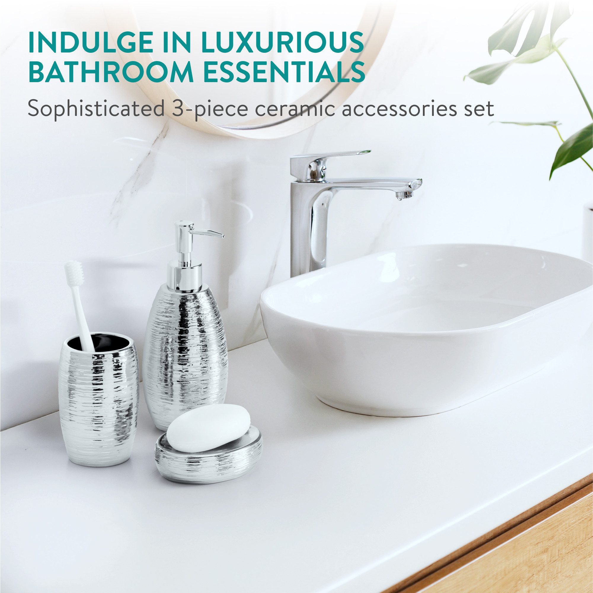 Navaris Badaccessoire-Set Premium Badset - Luxuriöses Badezimmer Set in Sil günstig online kaufen