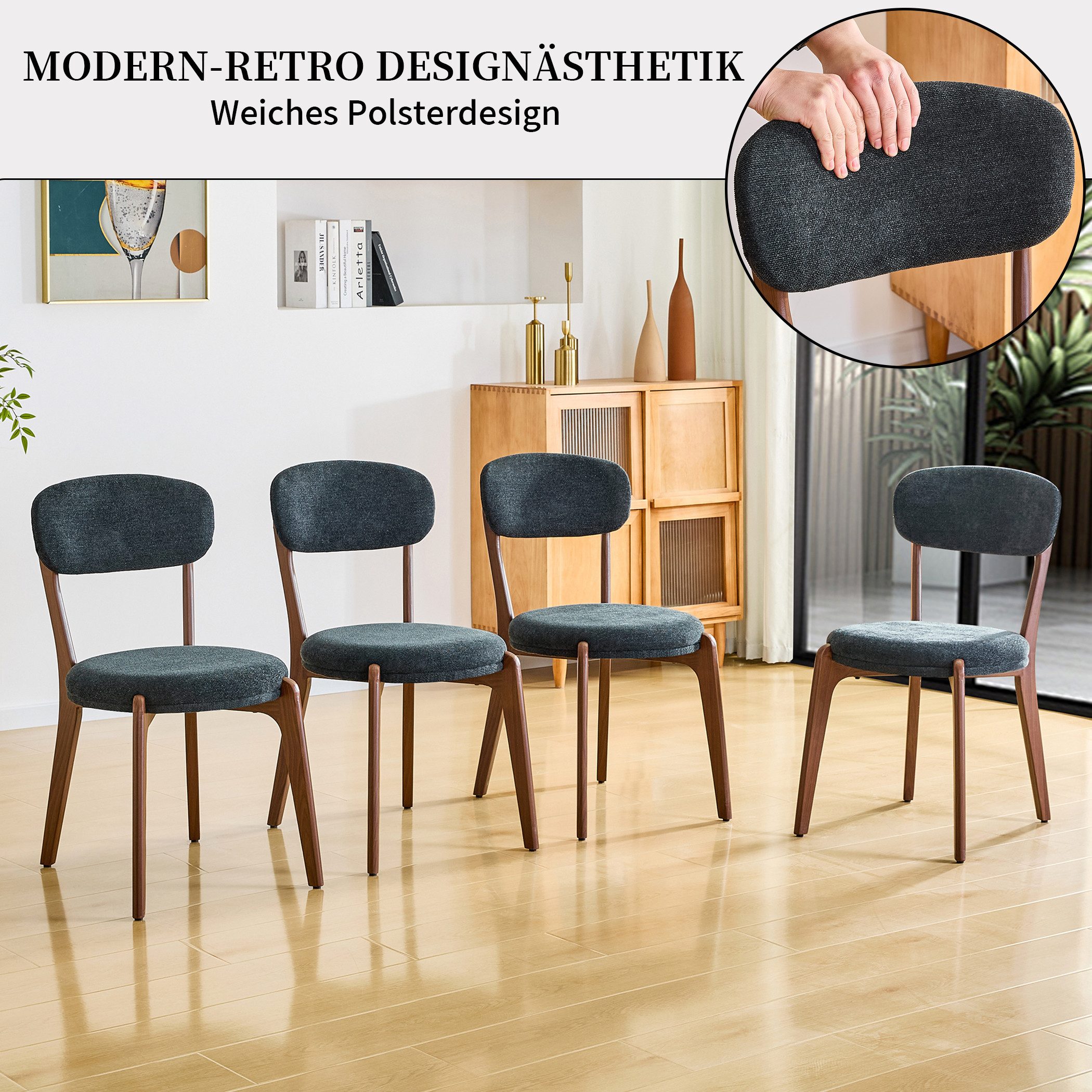 SeedWave Esszimmerstuhl Moderner Küchenstuhl Leinenbezug mit Runder Polstersitz, Metallbeinen, 4er Set Eisenstühle mit Anti-Rutsch-Pads