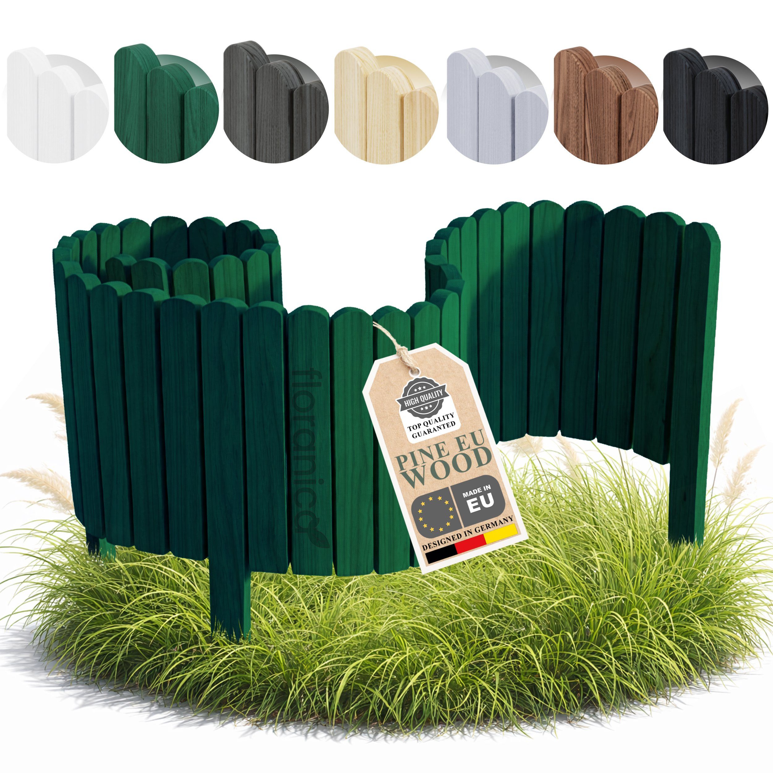 Floranica Beetbegrenzung Rasenkante Beeteinfassung Beetumrandung Rollzaun Holzzaun Gartenzaun, LxH: 100x10 cm, 1 Stk., Tannengrün, Dekozaun Umzäunung für Garten Blumenbeetee Wege Rasenbegrenzung