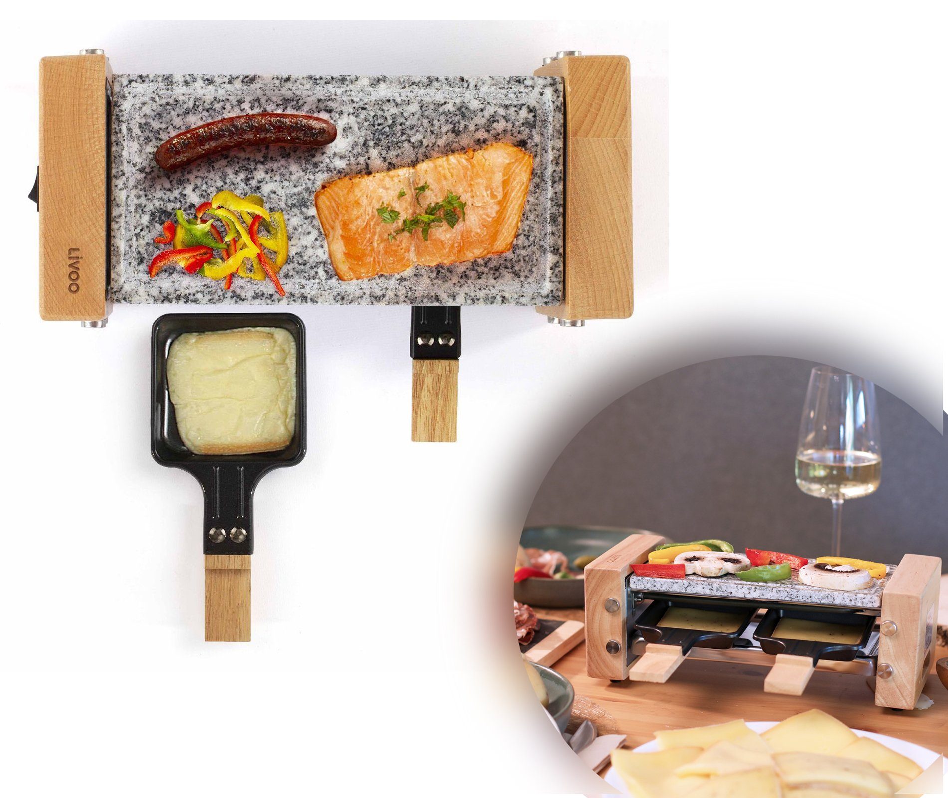 Aufsehen zu LIVOO Raclette Raclettepfännchen, Grill 2 Raclettepfännchen, 2 2 für Raclette Ausschalter LIVOO W, Granitplatte, Raclettegrill Holzspatel, Granitplatte 350,00 2 Holz, Personen Ein