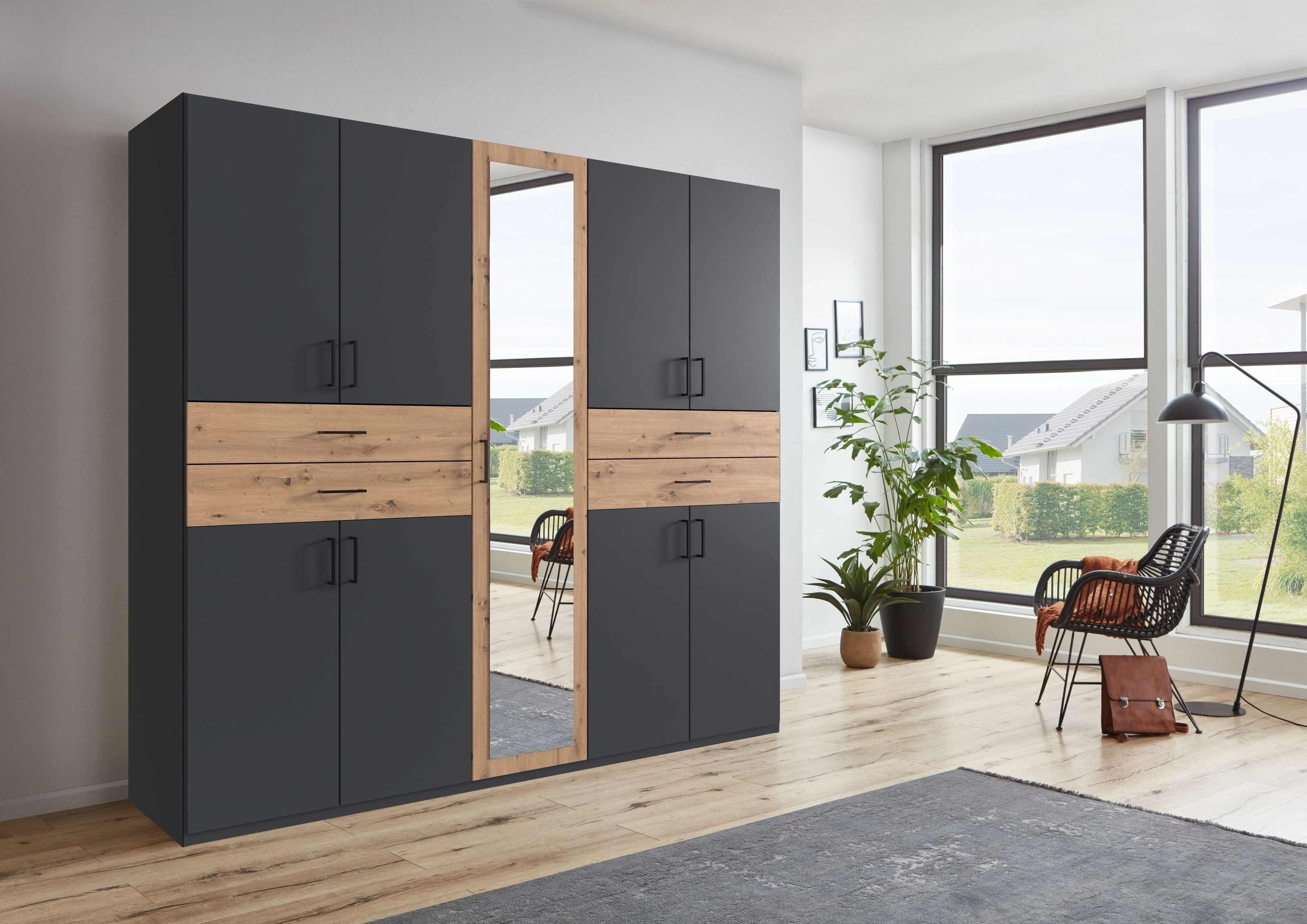 freiraum Drehtürenschrank Taiga 9 Türen, 4 Schübe, Graphit / Artisan Eiche Dekor - 225x208x58cm BxHxT