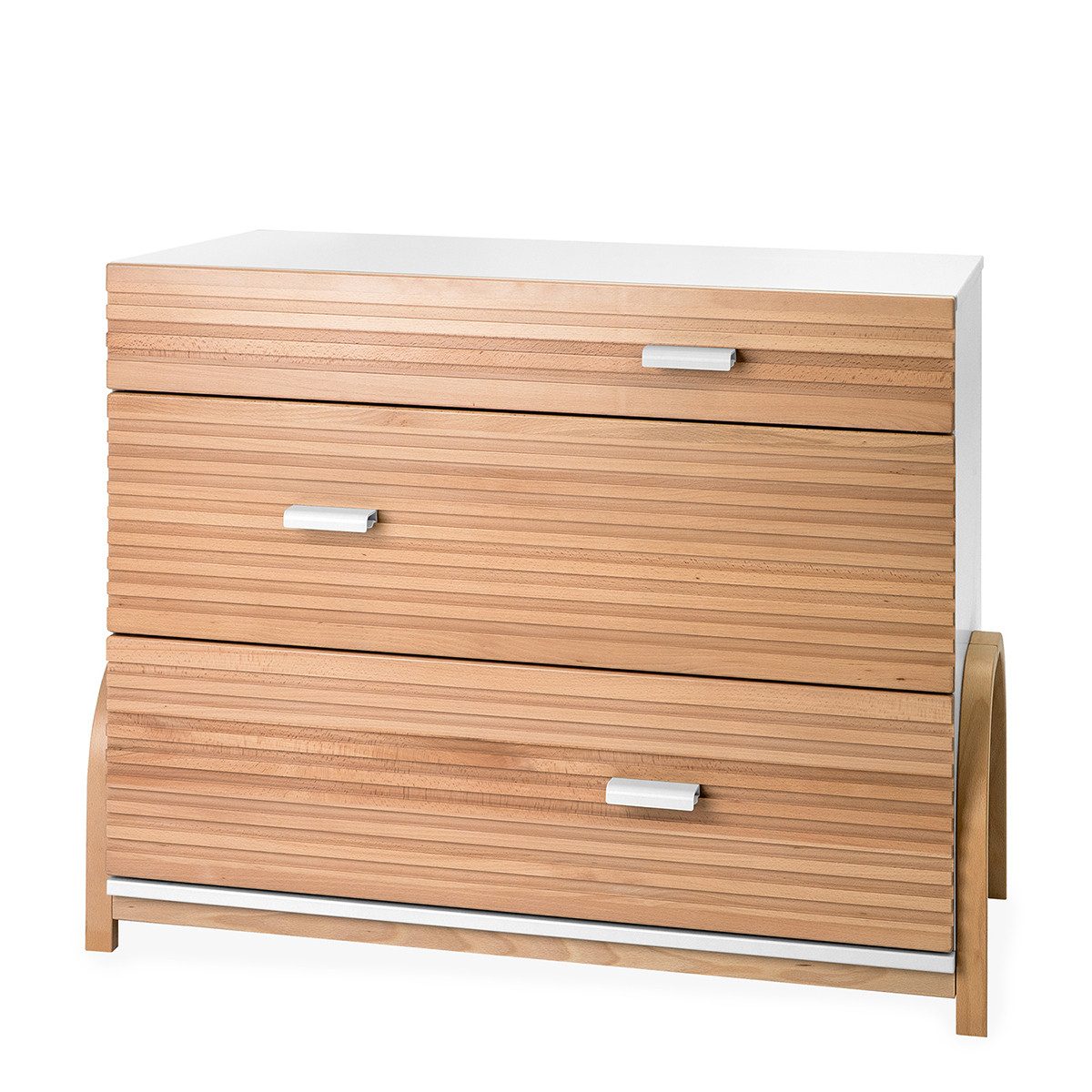 Waldin Wickelkommode Infinity Kommode Babyzimmer 3 Schubladen Buche Soft Close, massive Buchenfronten, frei positionierbare Griffe