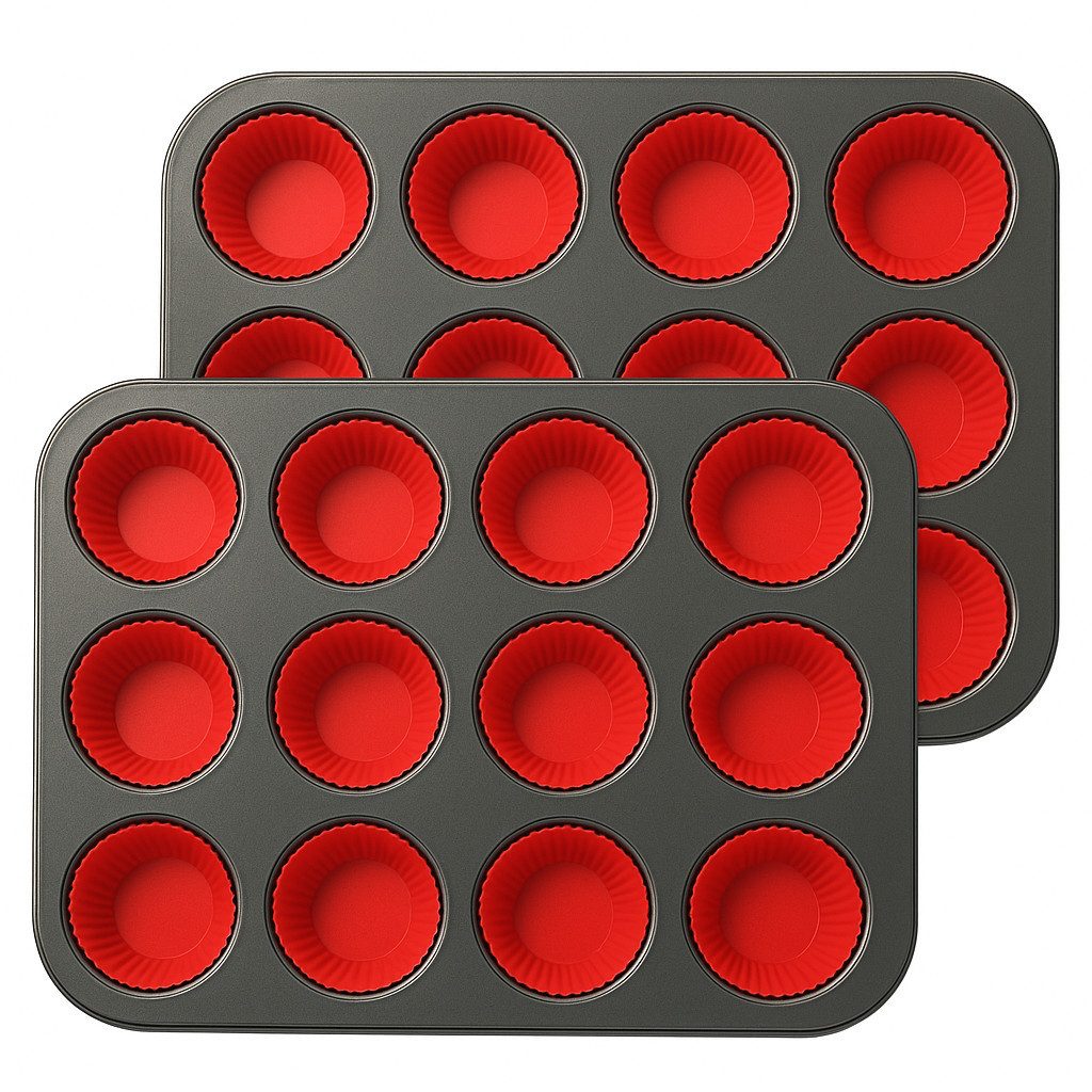 mixed24 Muffinform 2x 12er Backblech Backform Muffinform inkl. Silikon Muffinförmchen, (2-tlg), inkl. 48x Silikon Muffinförmchen