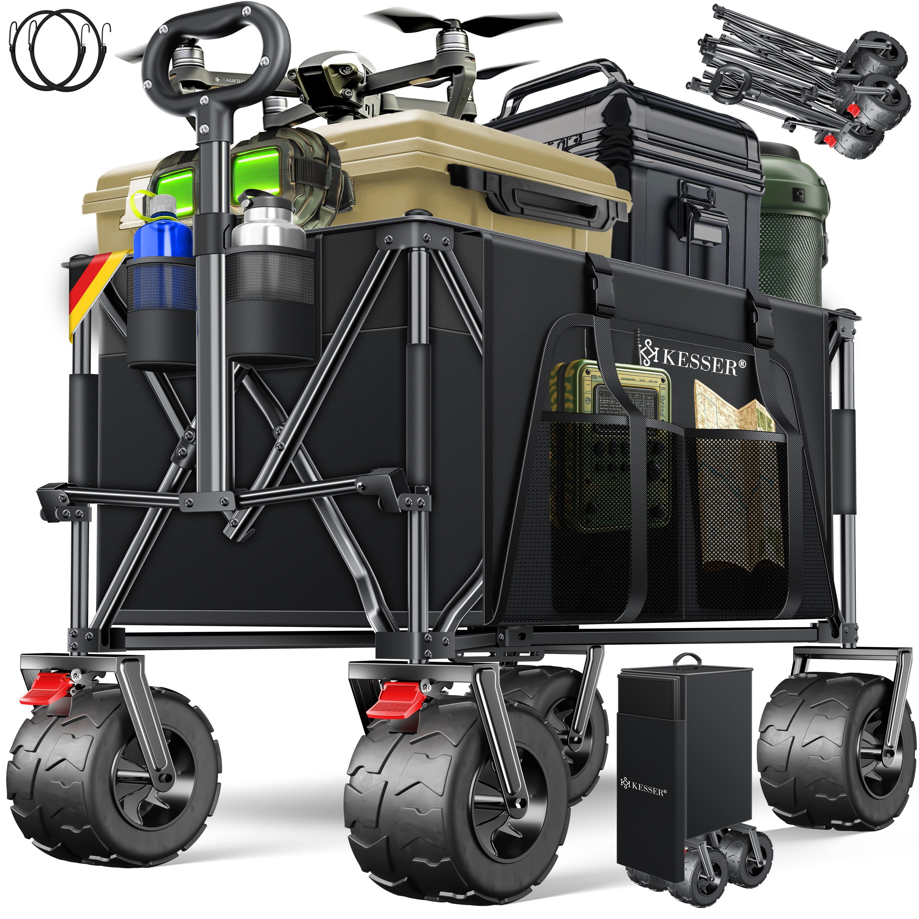 KESSER Bollerwagen GTR9000 Handwagen Outdoor Transportwagen 200L Stauraum 360° Räder (Strandwagen faltbar inklusive Cover, Seitentasche & Getränkehalter), Gartenwagen UV- & Wetterbeständig mit Feststell-Bremsen & breite Räder