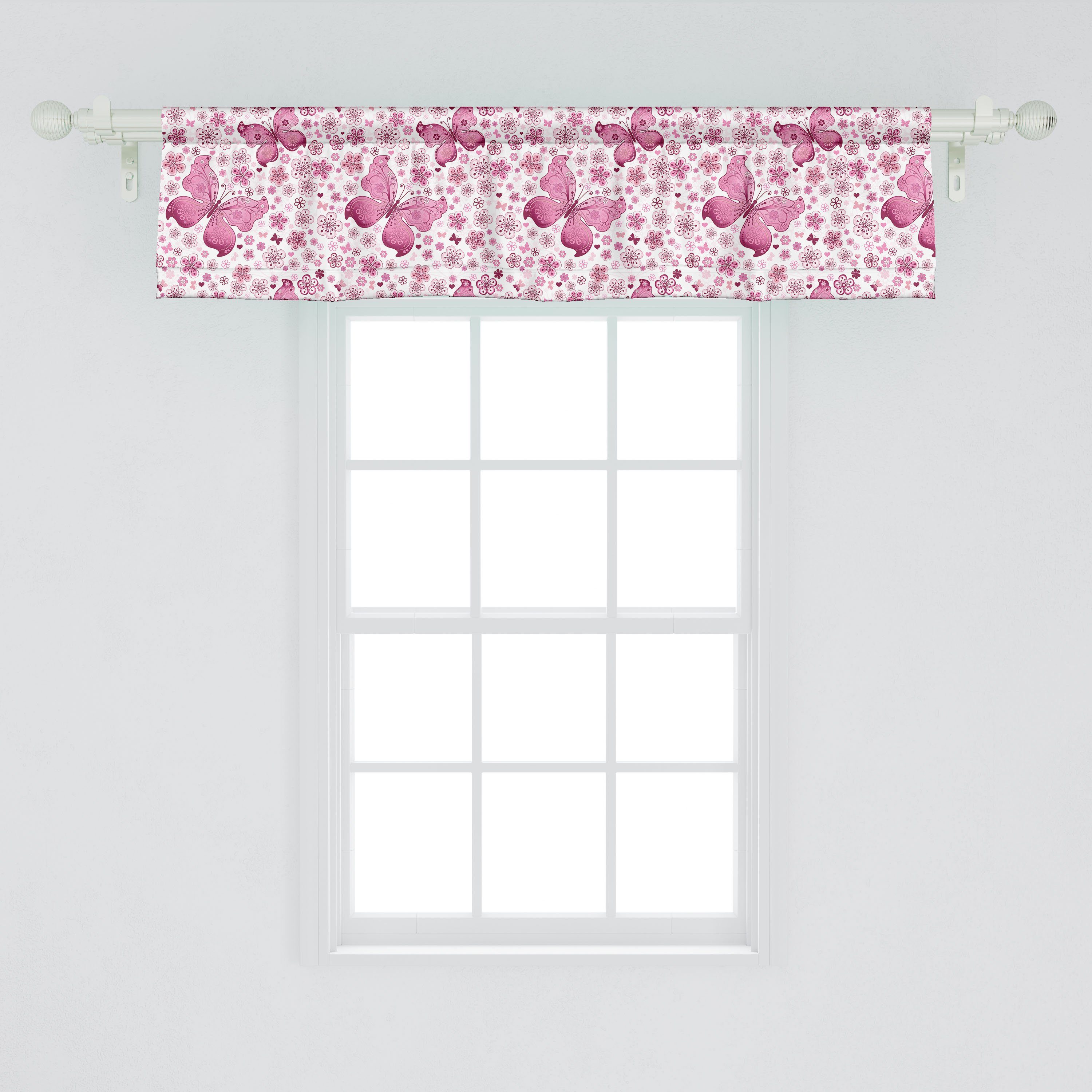 Blumen Küche Abakuhaus, Dekor Microfaser, Scheibengardine mit Schmetterling Stangentasche, Vorhang für Schlafzimmer Pinke Volant