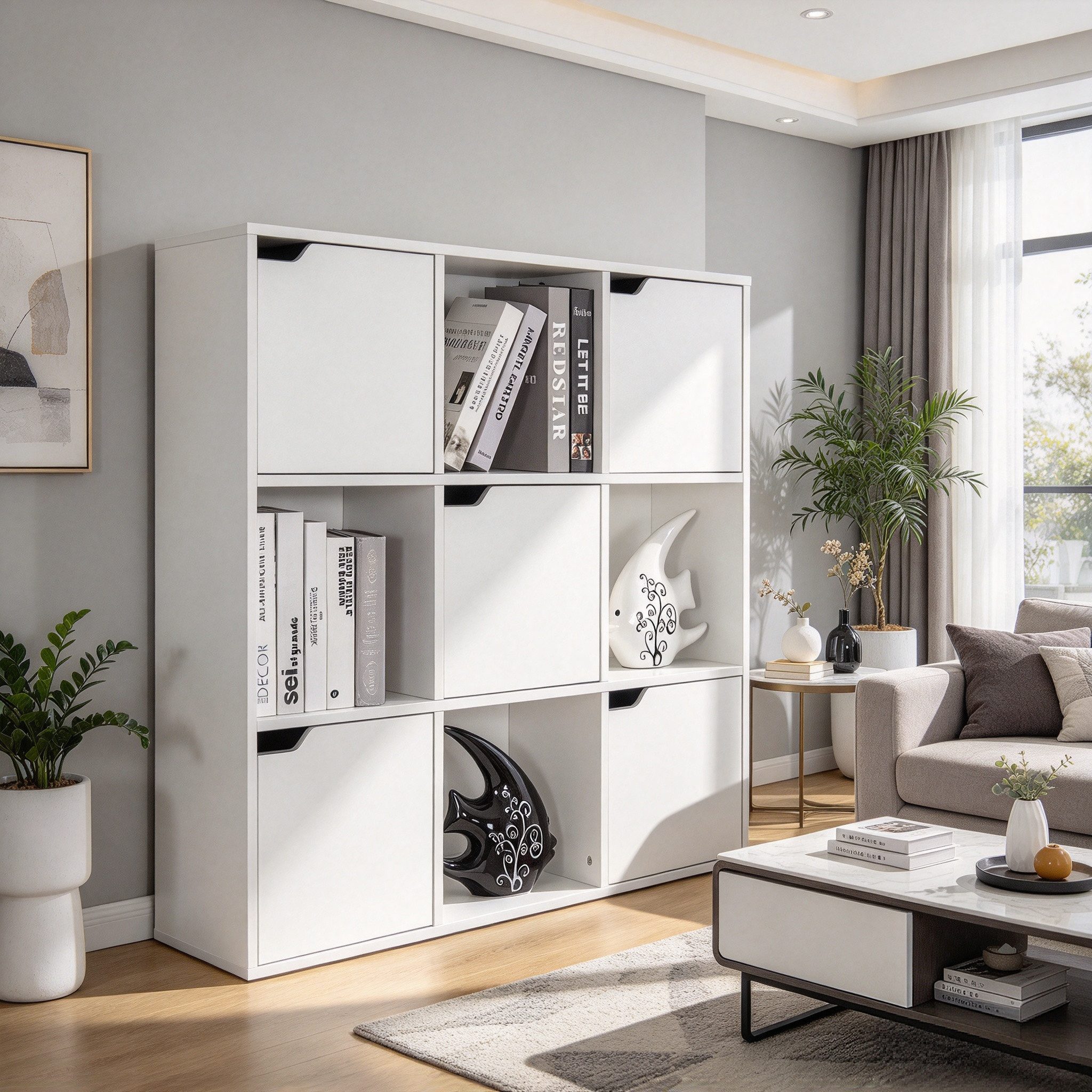 Mondeer Bücherregal Bücherschrank, Aufbewahrungsregal, 9 Fächer mit 5 Türen, Moderner Stil – Bild 4 von 5