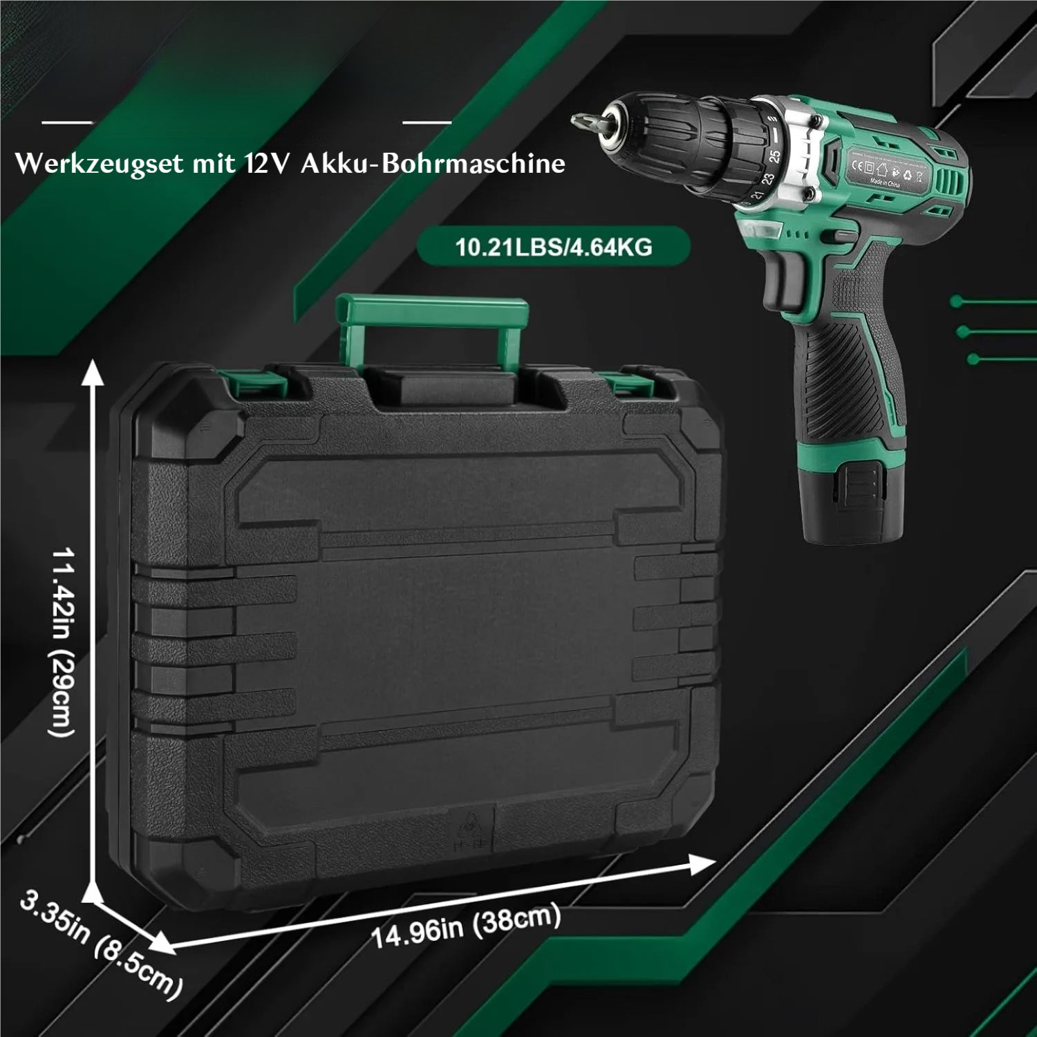 TLGREEN Akku-Bohrschrauber,12V Akkuschrauber Set,Akkubohrer mit 138PCS Werkzeugkoffer, max. 1500 U/min, (Set, 25+1 Drehmomentstufen + 2-Gang-Getriebe, LED Licht), für Holz, Metall & Heimwerkerprojekte
