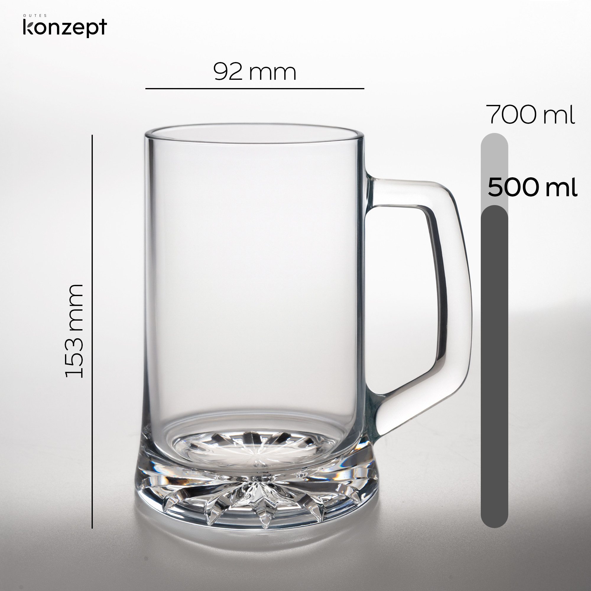 KONZEPT Bierkrug 0,5 Liter – Biergläser mit Henkel & verstärktem Boden, 1-tlg., spülmaschinenfest