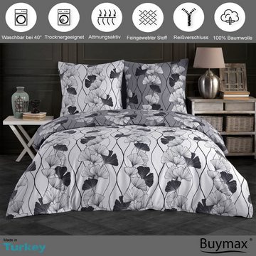 Bettwäsche, Buymax, Renforce: 100% Baumwolle, 2 teilig, 135x200 cm, mit Reißverschluss, Bettbezug-Set, Blumen, Grau, Schwarz