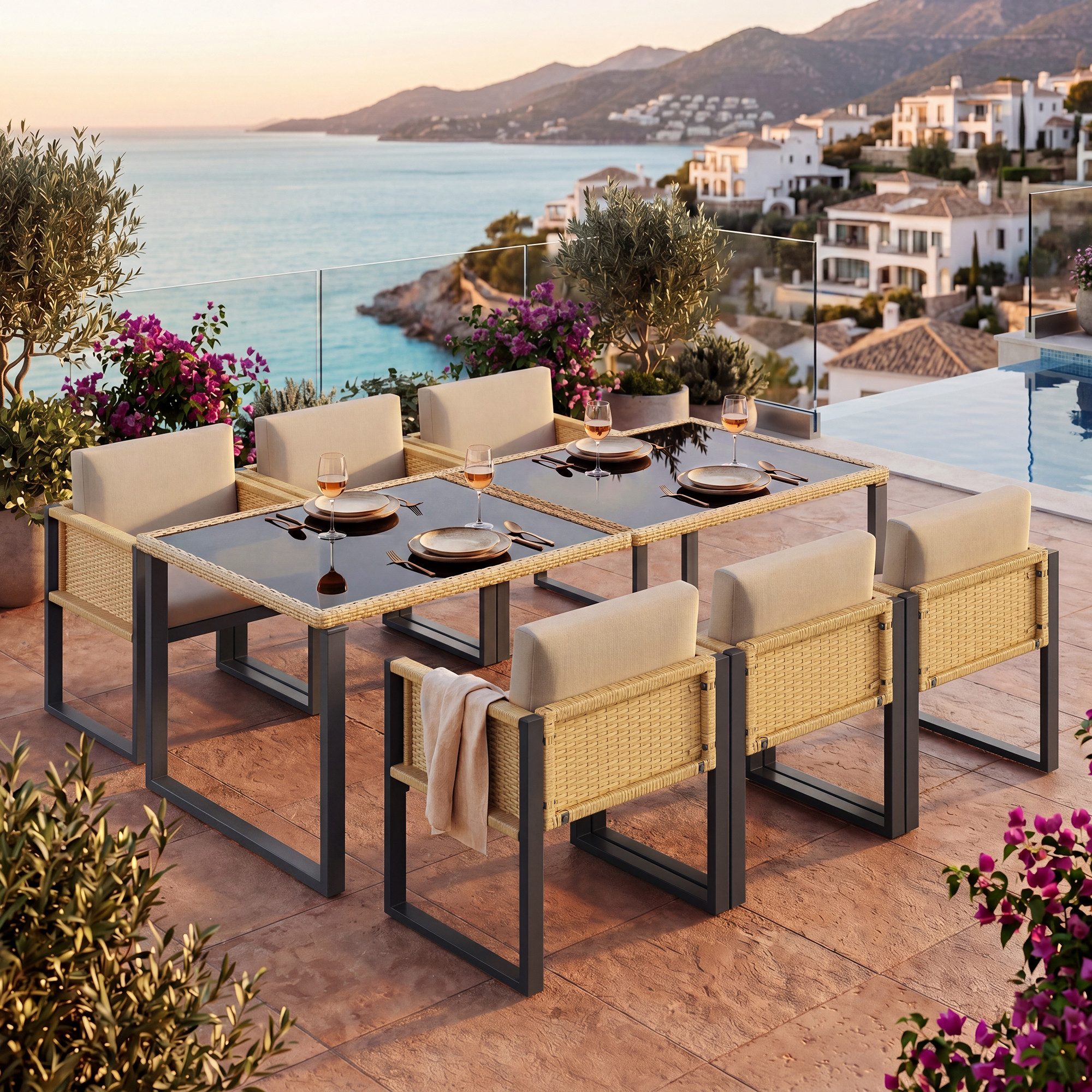 Flieks Garten-Essgruppe, Polyrattan Tisch- und Stuhlset Gartenmöbel Essgruppe Stuhl*6 & Tisch*1