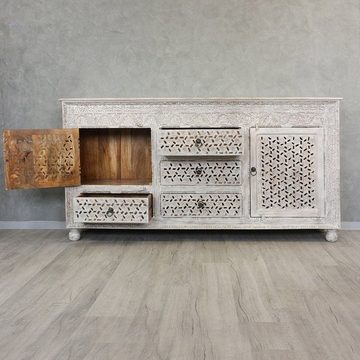Oriental Galerie Unterschrank Weiß Whitewash Sideboard Tamani Indien 195cm Kommode, Massivholz, Wohnzimmer