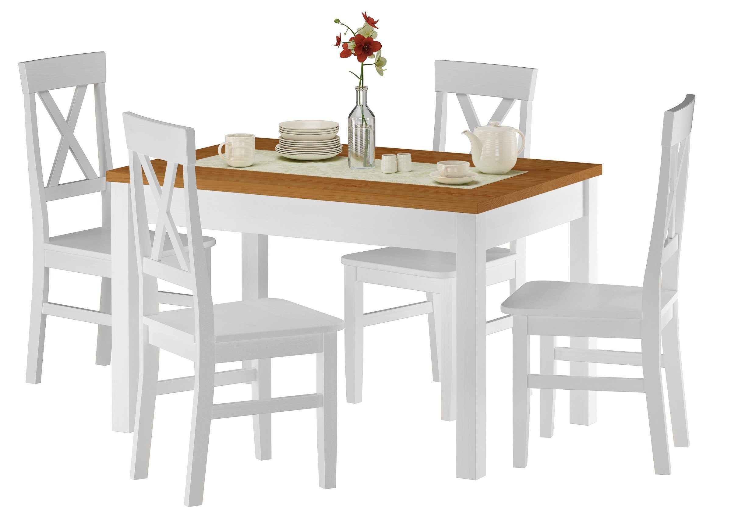 4 Kiefer Tisch Essgruppe Eicheton waschweiß und weiß ERST-HOLZ Stühlen
