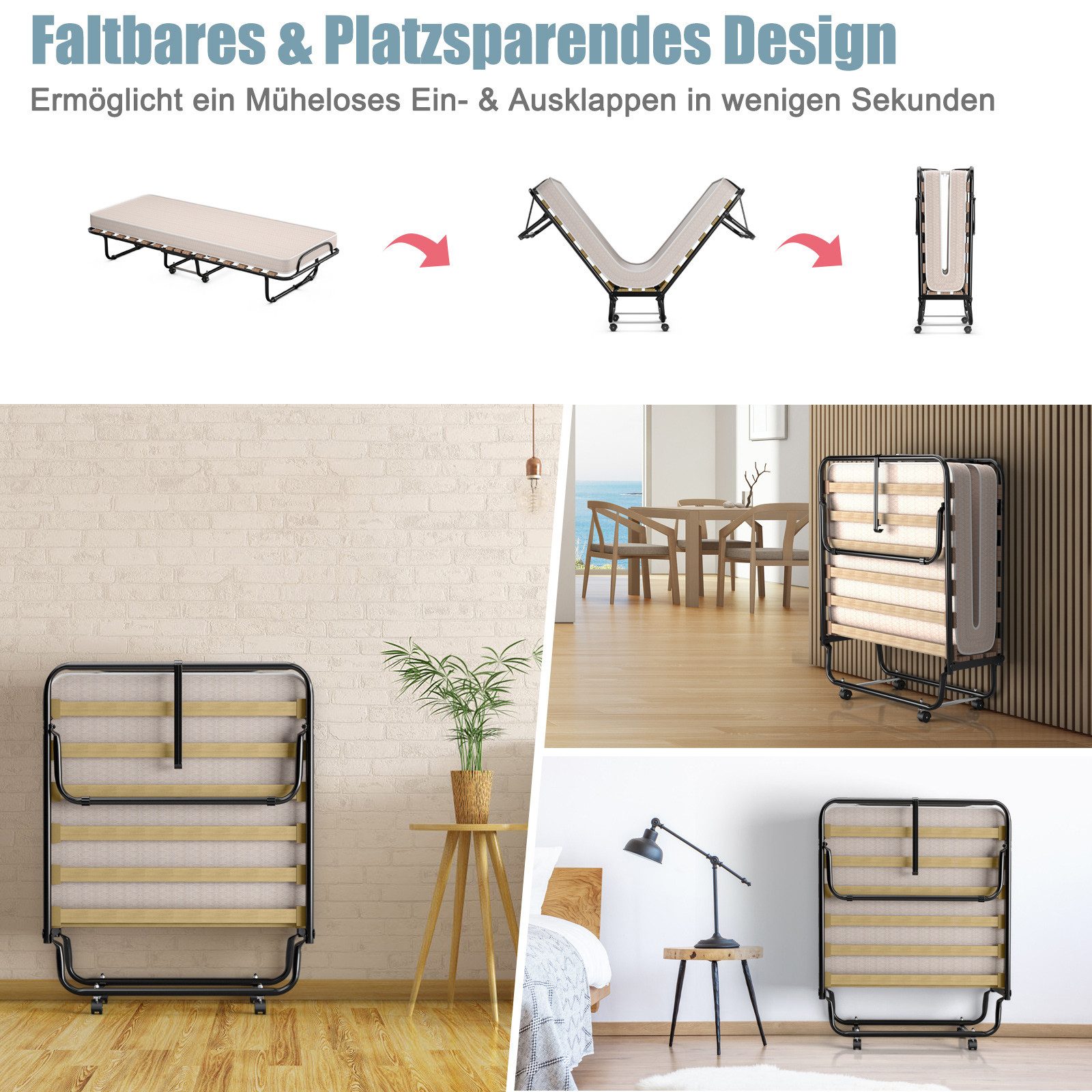 COSTWAY Gästebett klappbar mit Matratze, 80x190cm Einzelbett mit Rollen