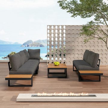 Merax Gartenlounge-Set, (1 Couchtisch, 2 Bänke, 1 Eckbank), mit Stahlrahmen und Kissen, Ecklounge, Gartenmöbel Set, Leinenbezug