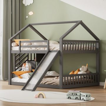 Ulife Hausbett Etagenbett Kinderbett mit Stauraumtreppe und Rutsche, 140x200cm, Kinderbett mit Geländer