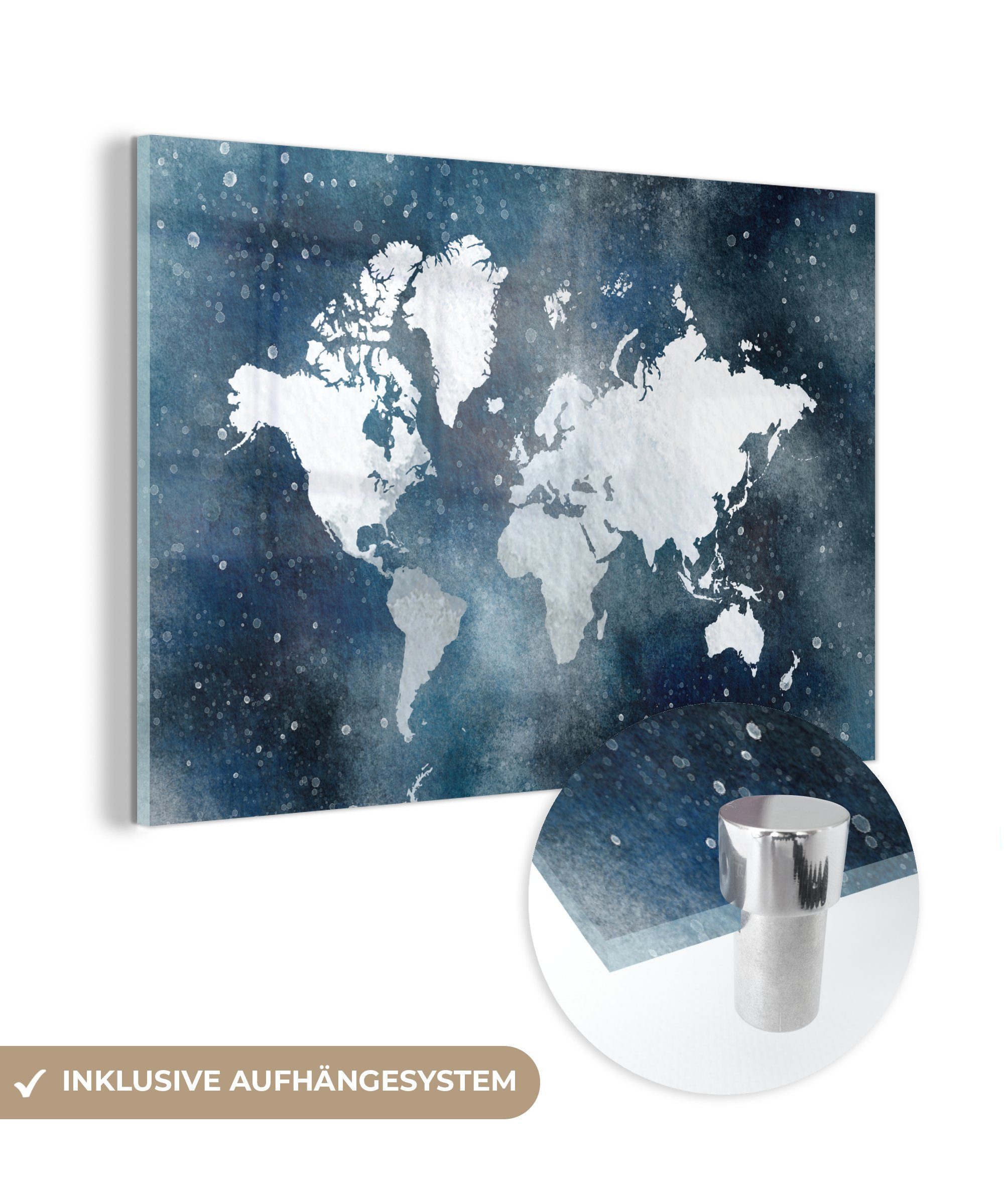 MuchoWow Acrylglasbild Weltkarte - Sternenhimmel - Aquarell, (1 St), Glasbilder - Bilder auf Glas Wandbild - Foto auf Glas - Wanddekoration