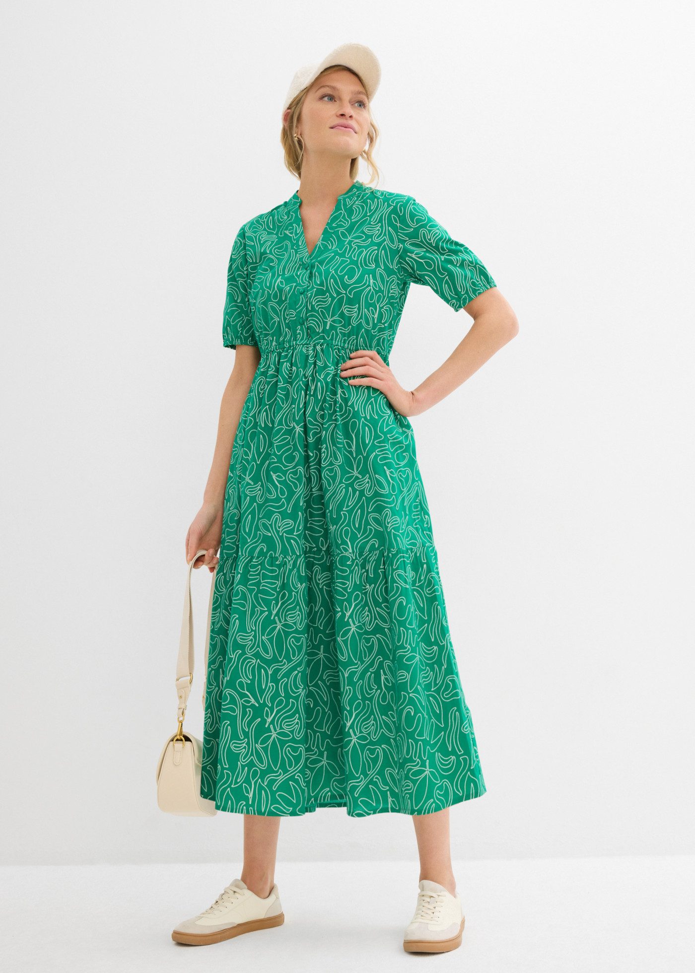 bonprix Midikleid körperumspielende Form, mit Henleykragen, Halbarm-Design