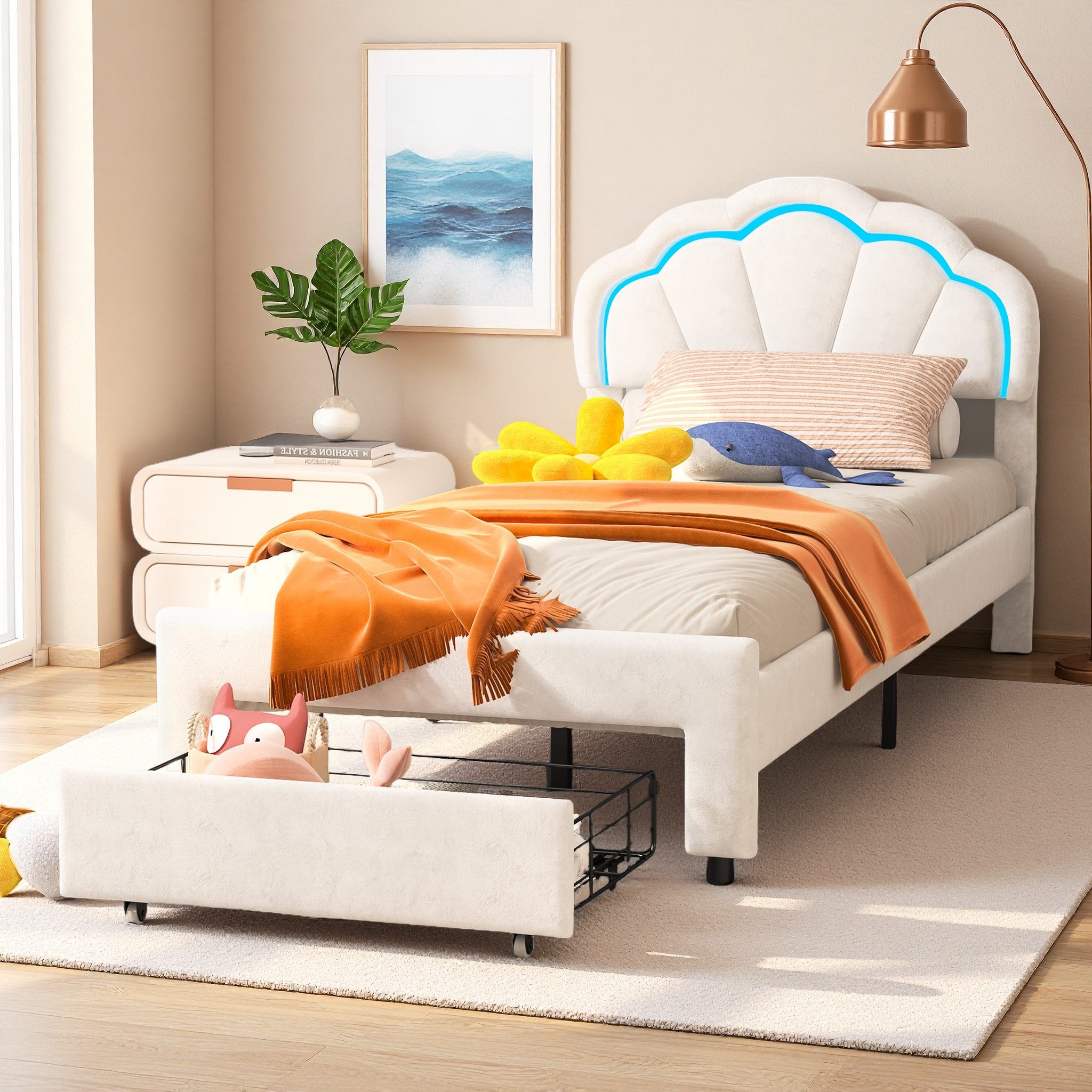 Yelenaro Kinderbett Polsterbett Mit Schubladen (Packung, 1-tlg), 90x200 cm,Kopfteil und Bettgestell,Samtstoff,Weiß – Bild 2 von 5