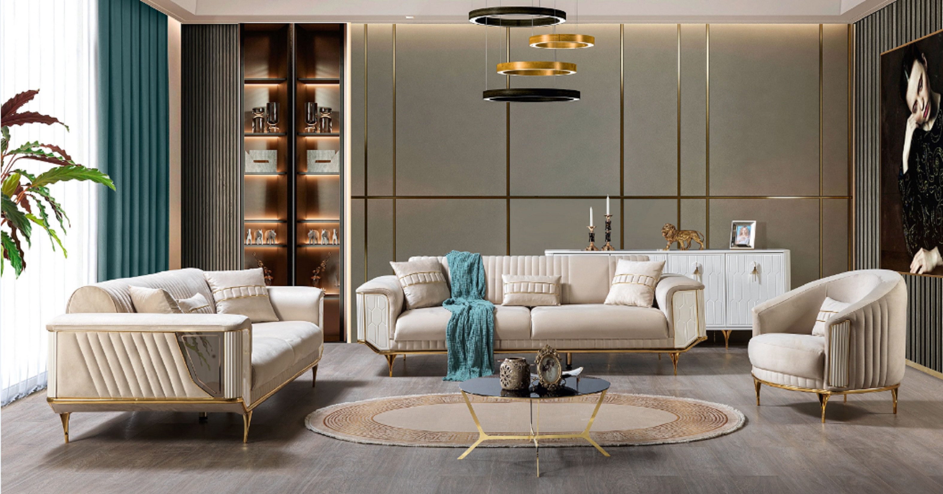 JVmoebel Wohnzimmer-Set Elegante Sitzgarnitur in Beige und Blau aus hochwertigem Textil, (Nur Sofa 2x 3 Sitzer + Sessel), Made in Europa
