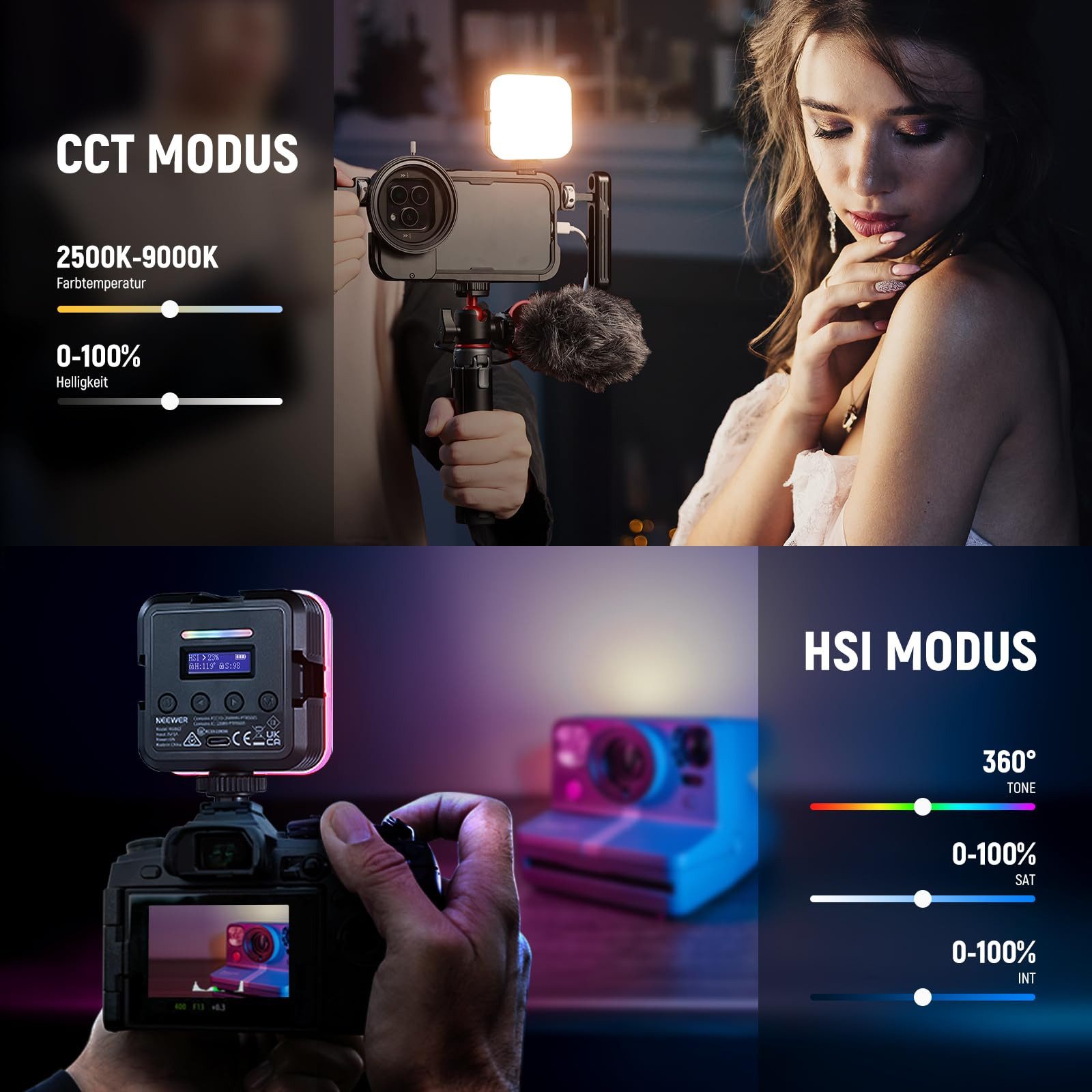 Neewer Videoleuchte RGB61 360° RGB LED Magnetische RGB Kamera Videolicht, CRI 97+, mit 3 Cold Shoe Mounts, 2500K-8500K/2000mAh Mini Selfie Licht