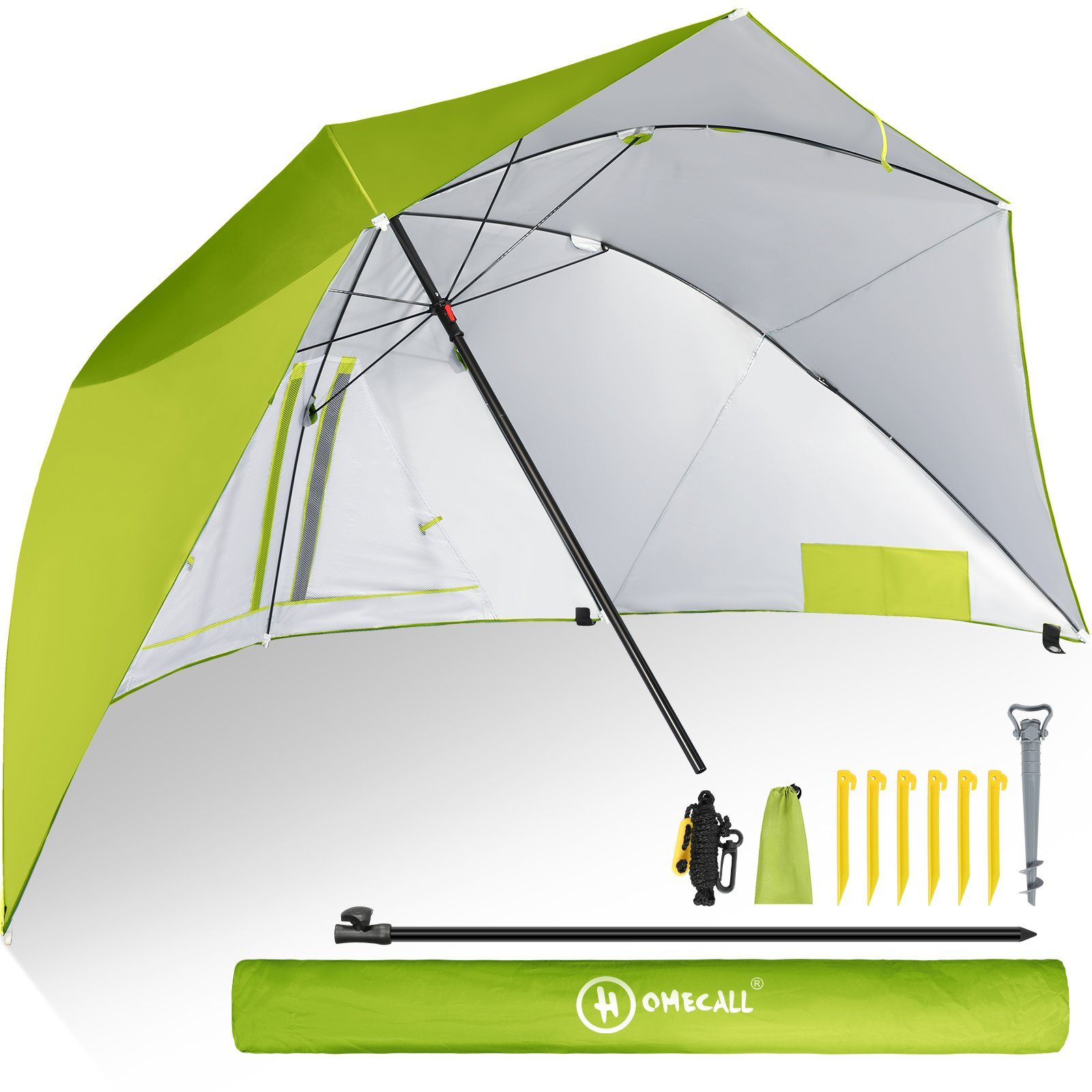 HOMECALL Strandmuschel mit umbrella system UV-resistentes 50+ Khaki, Umfunktionieren zum Sonnenschirm Strandschirm, für 2-3 Personen hellgrün