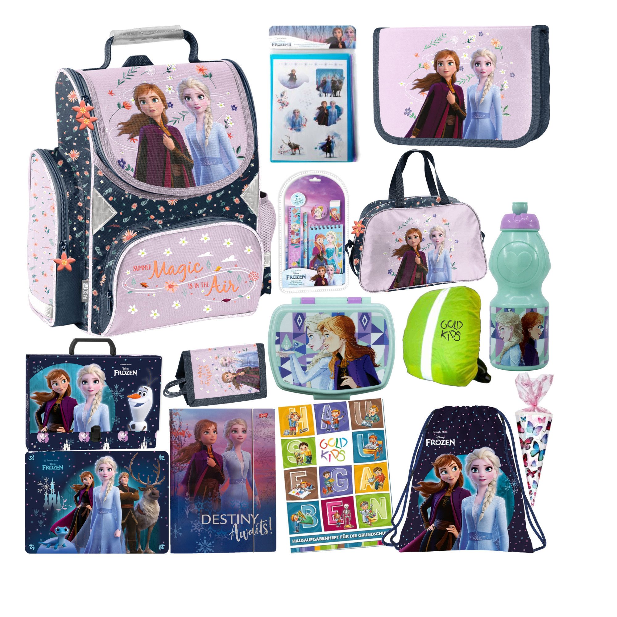 GOLDKIDS Schulranzen für Jungen und Mädchen, 15er-Set - (Schul-Rucksack für Kinder mit Federmäppchen, 1-tlg., - Schuhbeutel Trinkflasche und Brotdose), - Eiskönigin Motiv- 1-3 Klasse