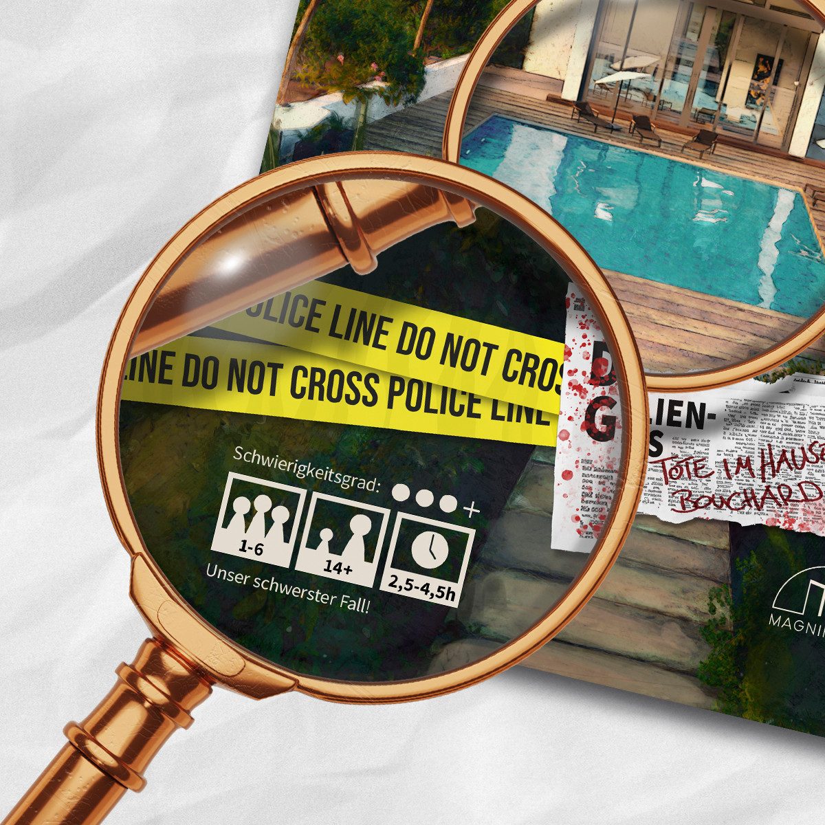 MAGNIFICUM Spiel Detektivspiel / Krimispiel für Erwachsene, Das Familiengeheimnis - Zwei Tote im Hause Bouchard, Made in Germany