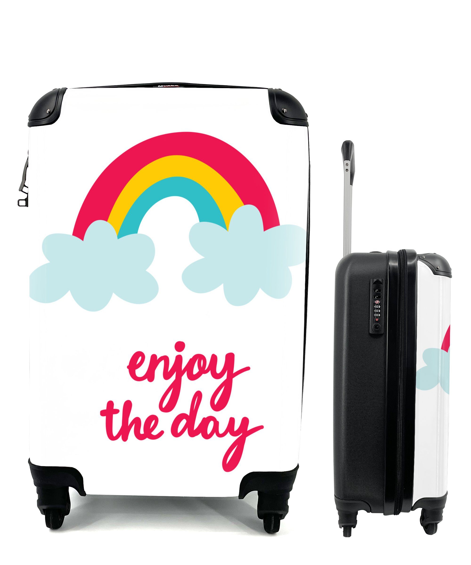 MuchoWow Handgepäckkoffer Illustration mit dem Zitat "Enjoy the day" und einem Regenbogen, 4 Rollen, Reisetasche mit rollen, Handgepäck für Ferien, Trolley, Reisekoffer