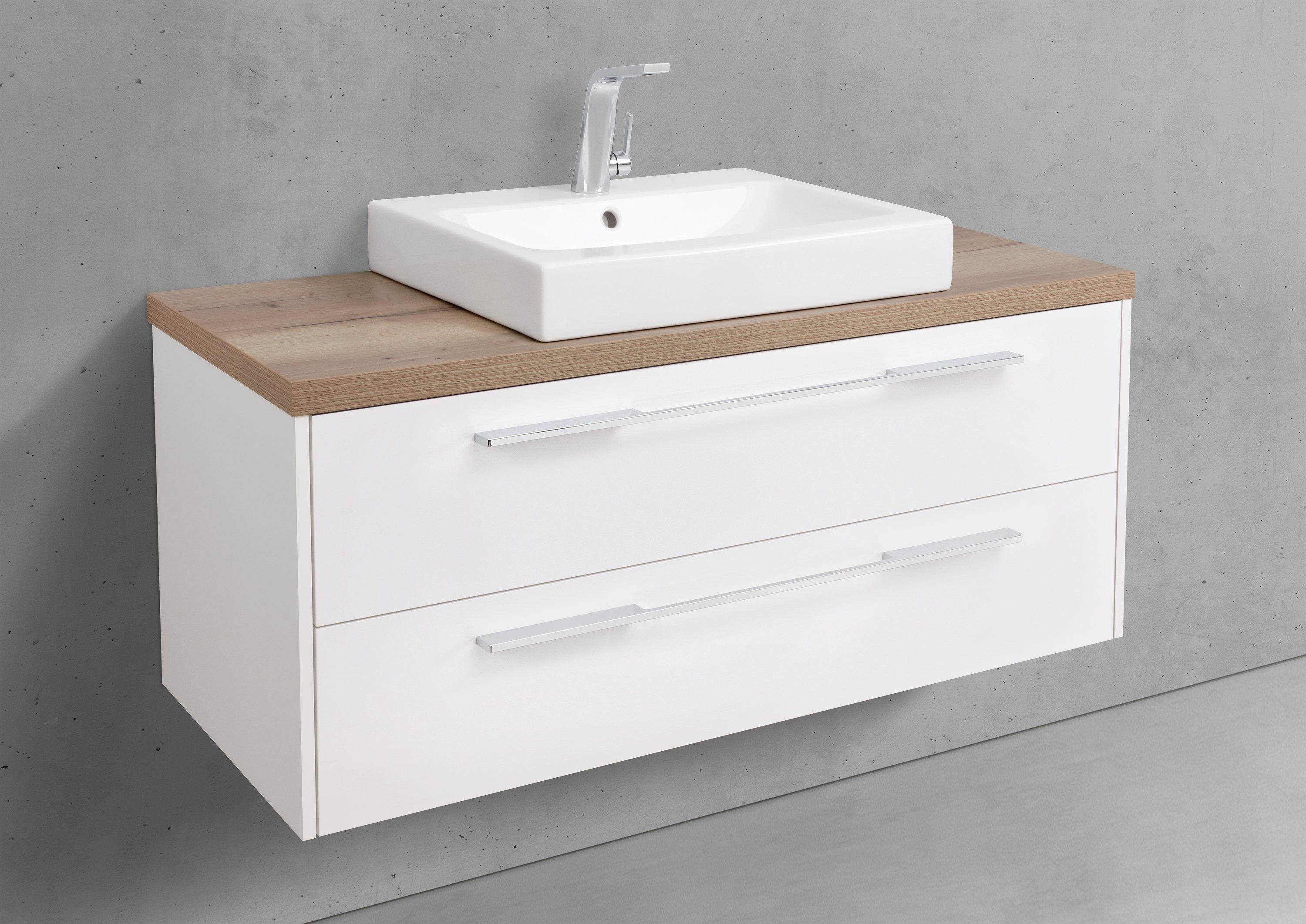 Intarbad Waschtisch Badmöbel Set Luxor Keramikwaschbecken Geberit Icon & Unterschrank (80 cm Breite, Höhe 59,8 cm 2x Vollauszug/Selbsteinzug, Wandhängend, Soft-Close, Holz-/Lackdekore, Doppelwandige Metallauszüge), Vormontierte Lieferung, 160 kg Traglast, Made in Germany