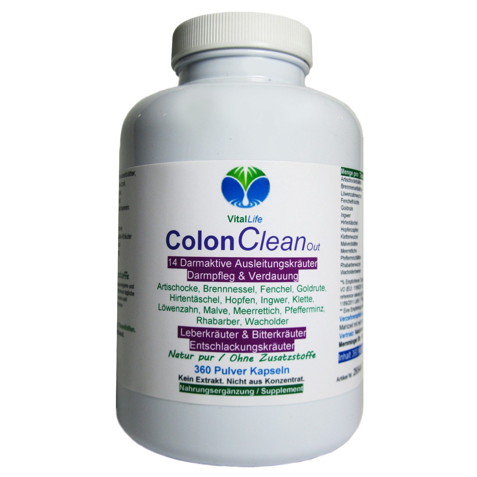 VitalLife Colon CleanOut 14 Kräuter + Bitterstoffe Komplex - Ohne Zusatzstoffe - Kapseln, 1 er Dose à 360 St., 149,4 g, Art. 26540-360