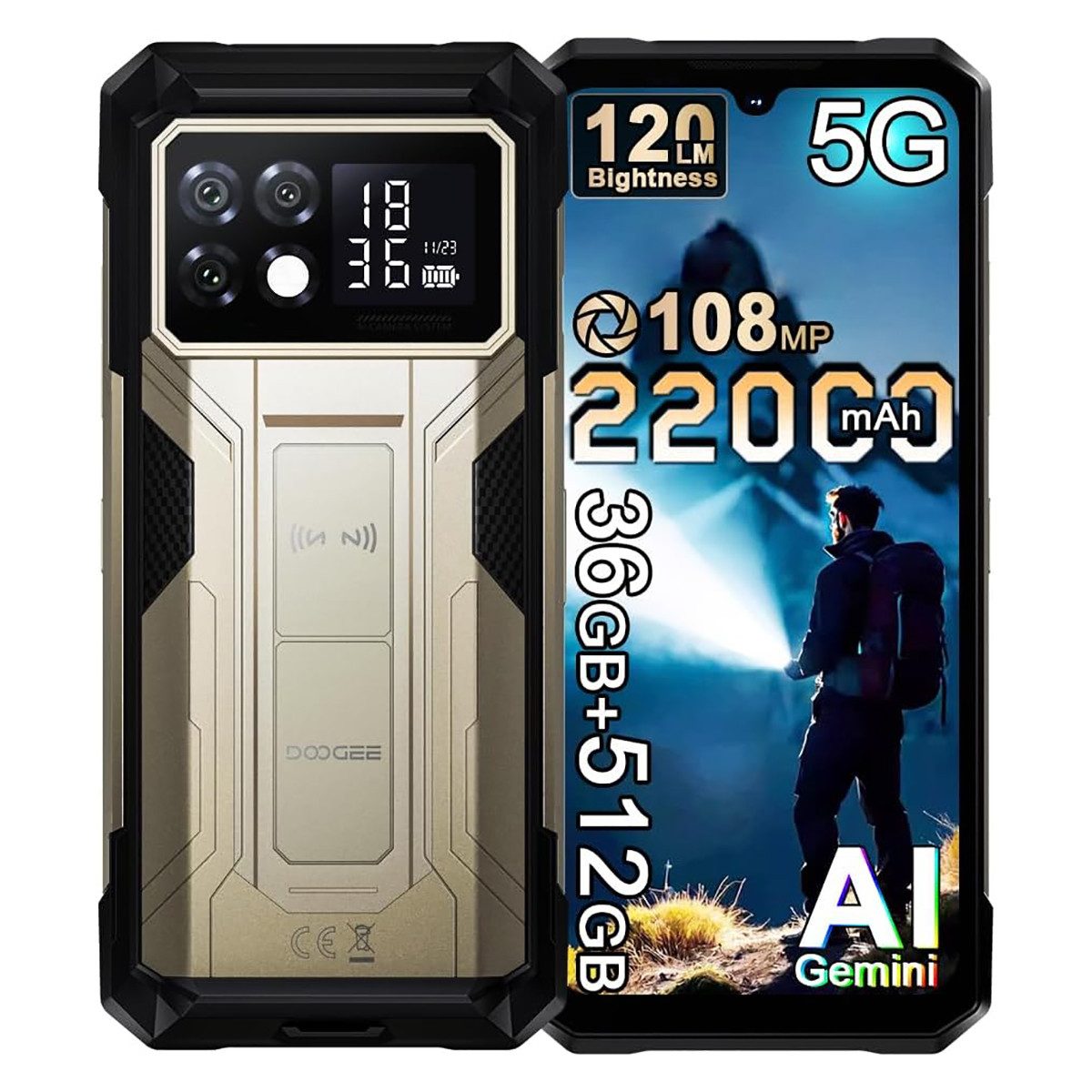 DOOGEE S200 Max 5G Outdoor Handy, 22000mAh/66W, Dual 120LM Campinglicht Smartphone (6.72 Zoll, 512 GB Speicherplatz, 108 MP Kamera, 512GB, 1.3'' AMOLED Heckdisplay, 6.72'' 120Hz, 100MP Kamera, Dual SIM)