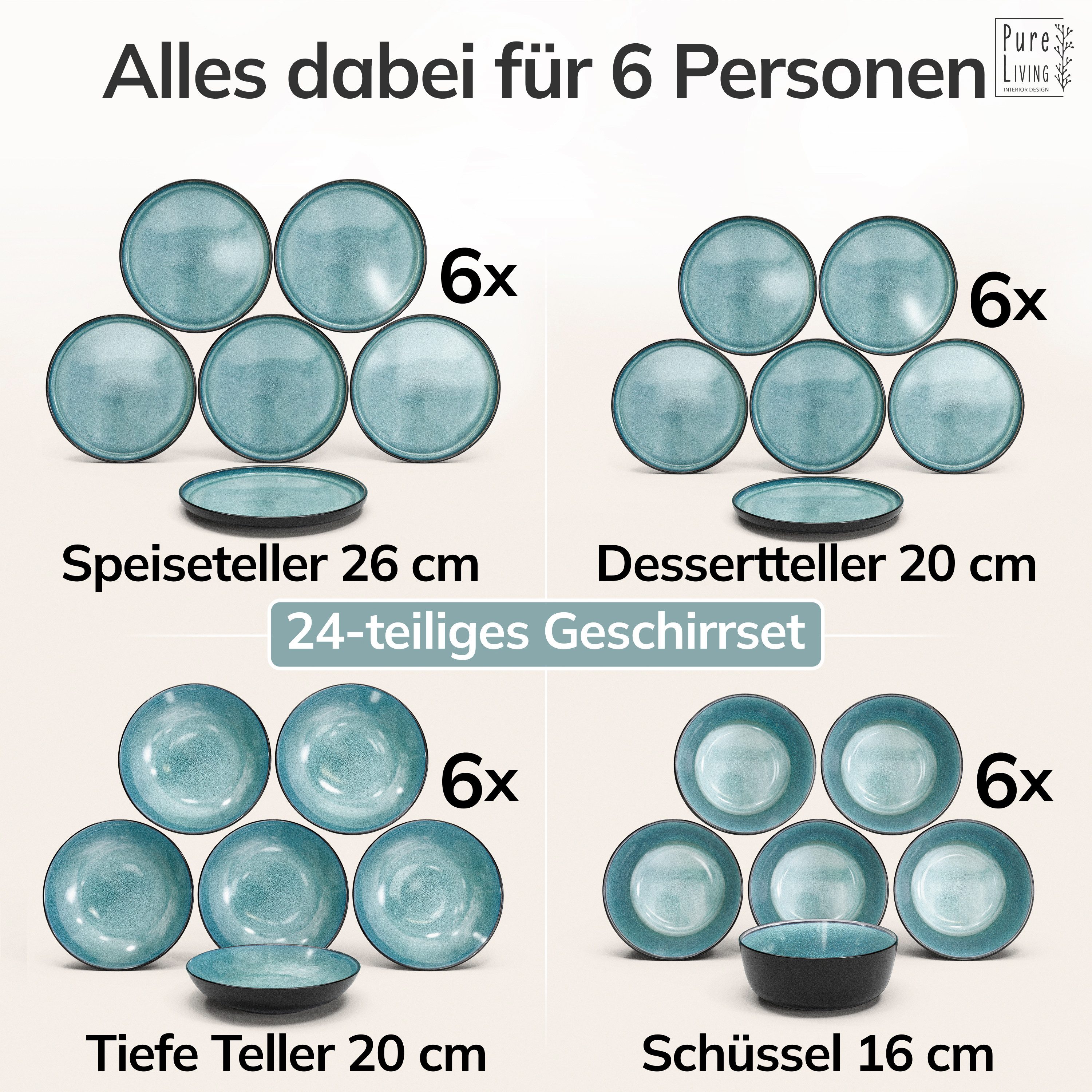 PURE LIVING INTERIOR DESIGN Geschirr-Set Ibiza aus Steingut, 24-tlg., für 6 Personen, Petrol (24-tlg), 6 Personen, Steingut – Bild 5 von 5