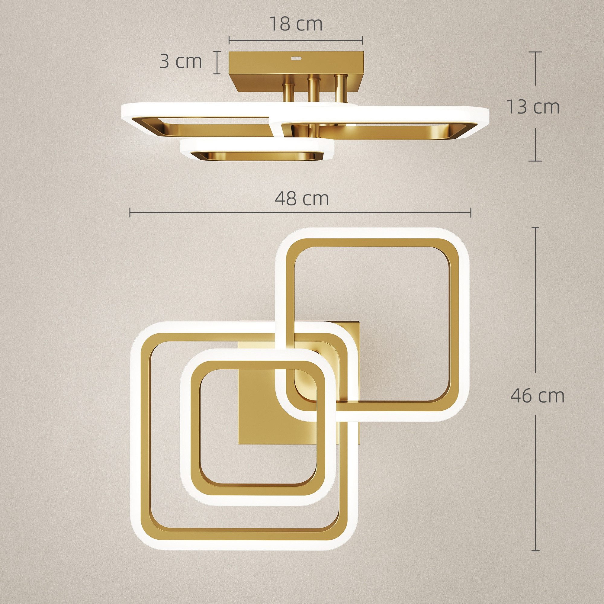 HOMCOM Deckenleuchte Wandschalter, 3 Farbtemperaturen, LED, für Schlafzimmer, Wohnzimmer, Gold
