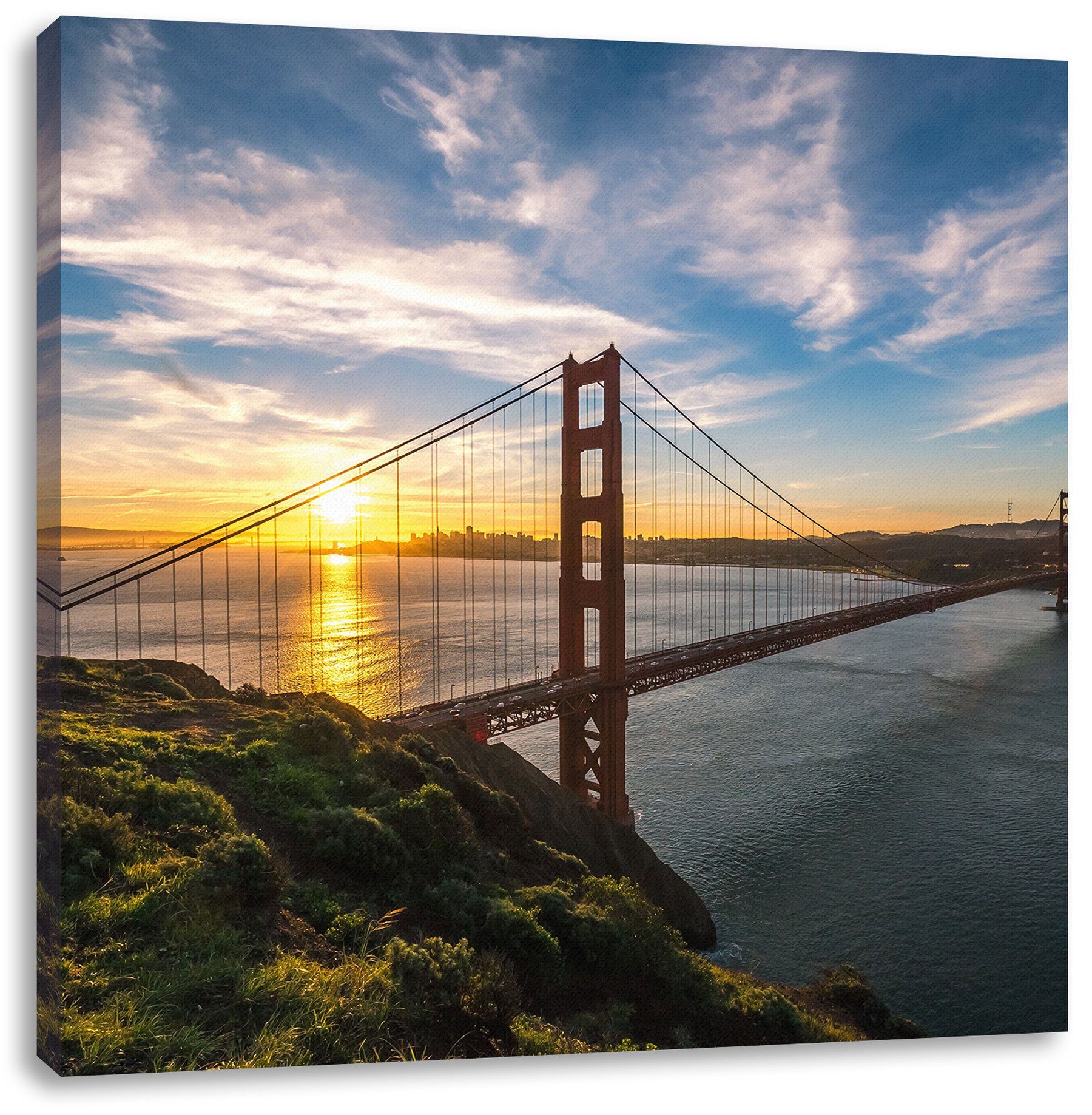 Zackenaufhänger Pixxprint bespannt, (1 Golden Gate inkl. Leinwandbild Leinwandbild Golden Bridge St), fertig Bridge, Gate