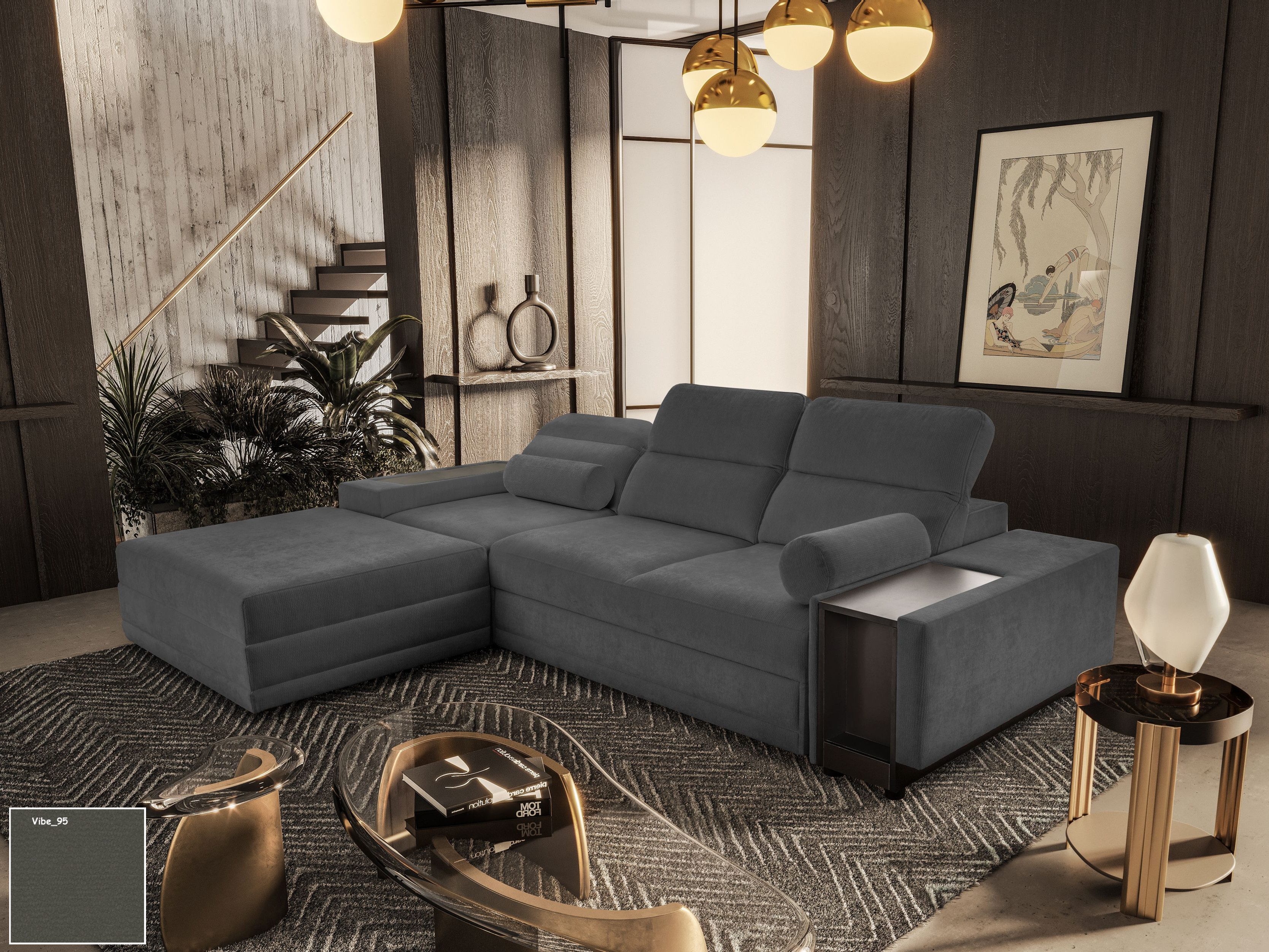 Möbel für Dich Ecksofa Enzo 1 als L-Sofa oder Sofa mit freistehendem Hocker aufstellbar, mit Schlaffunktion, Bettkasten, Minibar und verstellbaren Kopfstützen