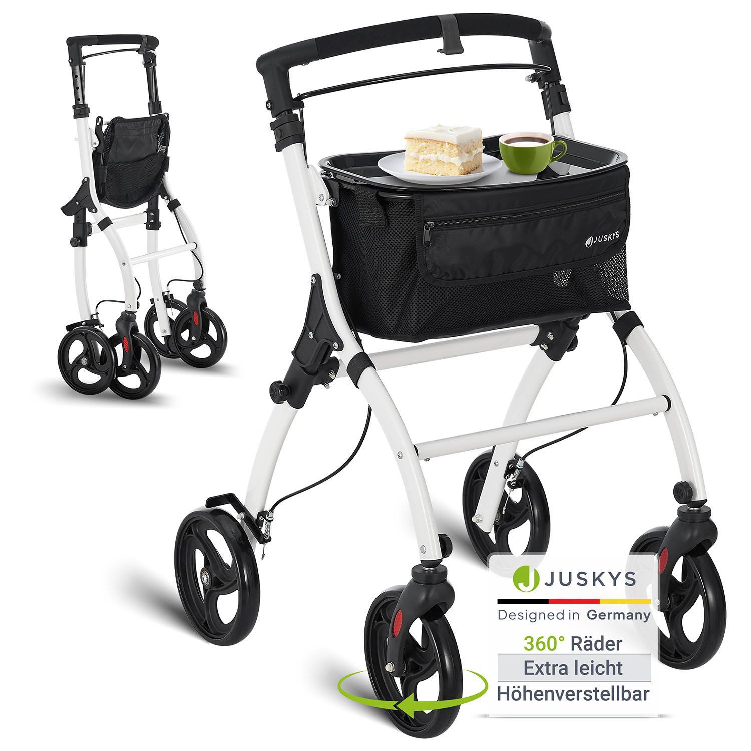 Juskys Indoor-Rollator Aktiv, für die Wohnung, mit Tasche & Tablett, schmal, verstellbar & faltbar