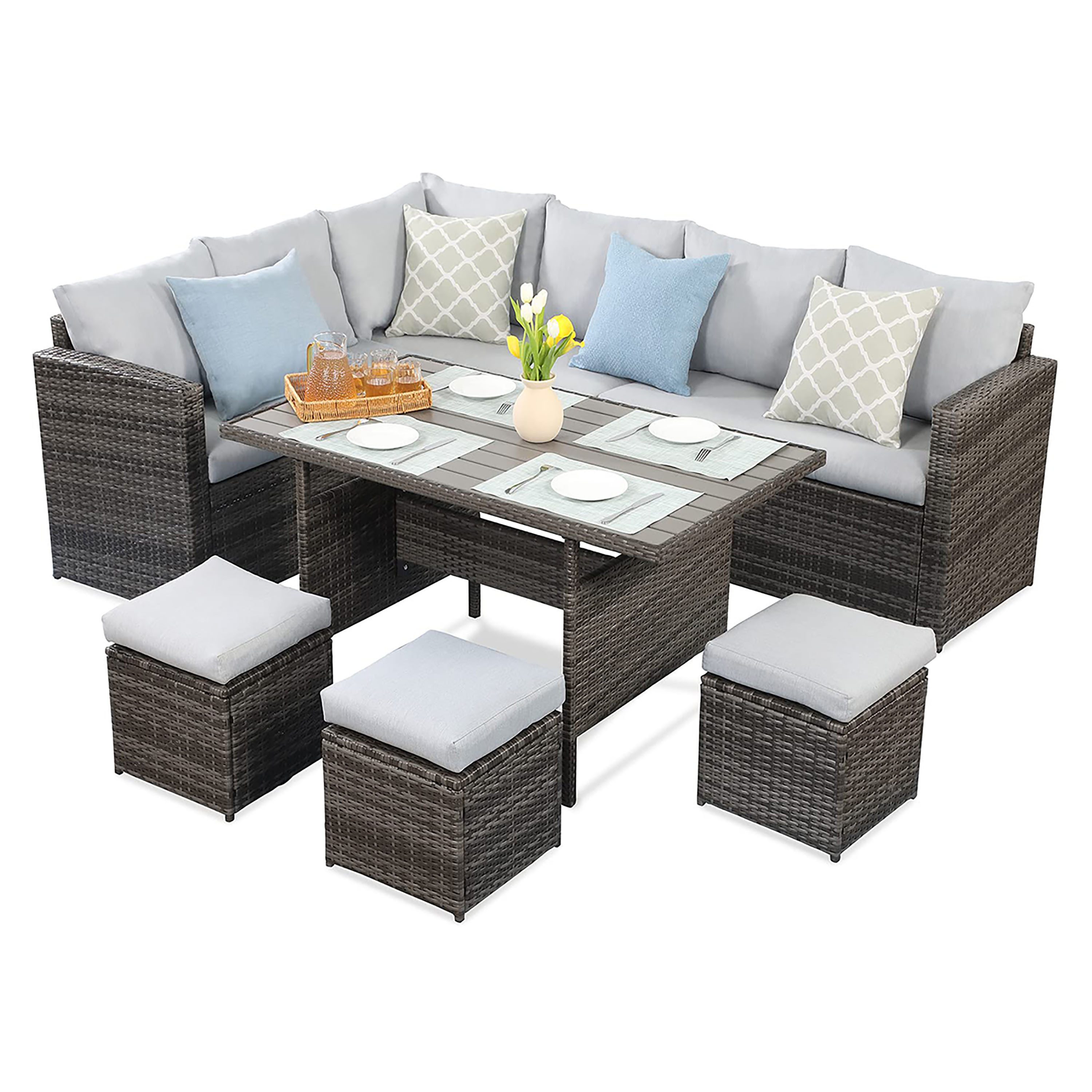 MeXo Loungeset Rattan Gartenmöbel Set 8 Personen Wetterfest, (Esstisch breit 132x76x67cm, 7-tlg., Belastbarkeit pro Sitzplatz bis zu 140kg), Gartenlounge Set mit Esstisch, Verbreiterte Armlehne