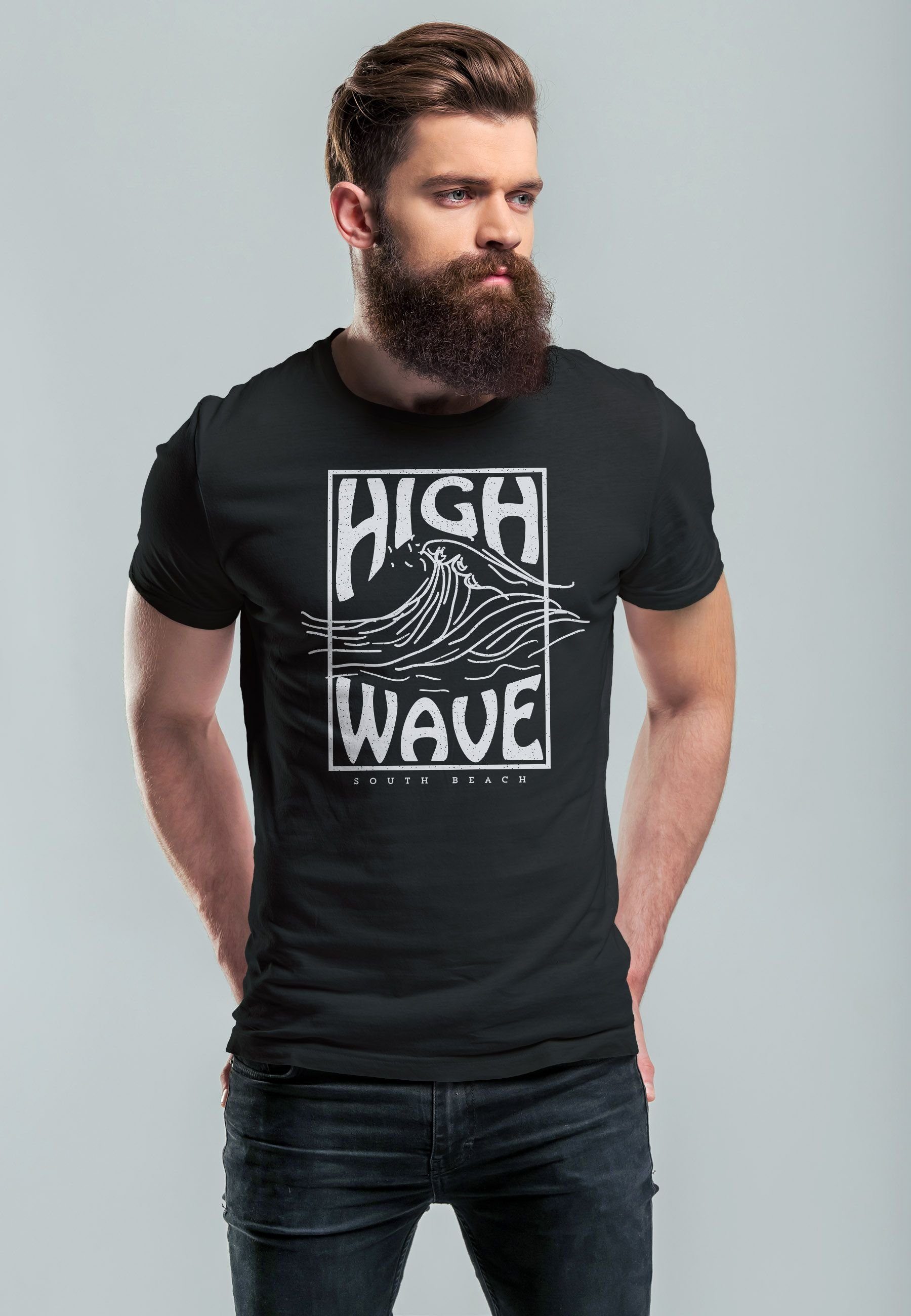 Herren Art Logo High Line Welle Neverless mit Wave Surfing schwarz Print Print-Shirt Aufdruck Schrift T-Shirt