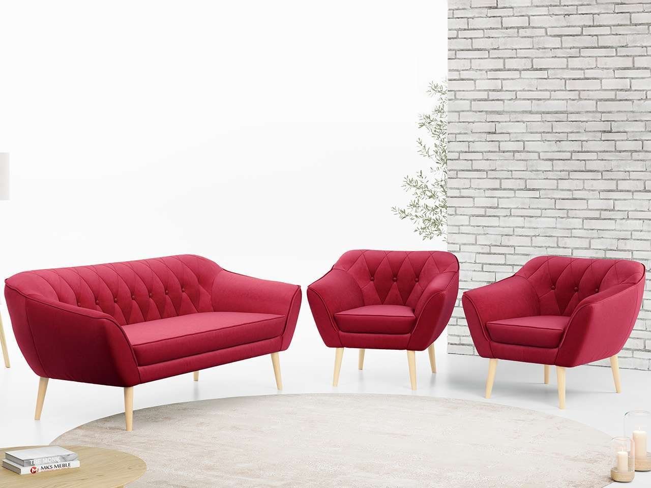 MKS MÖBEL Sofa PIRS 3 1 1, mit Relaxfunktion, Moderne Sofa Set, Skandinavische Deko Rot Casablanca