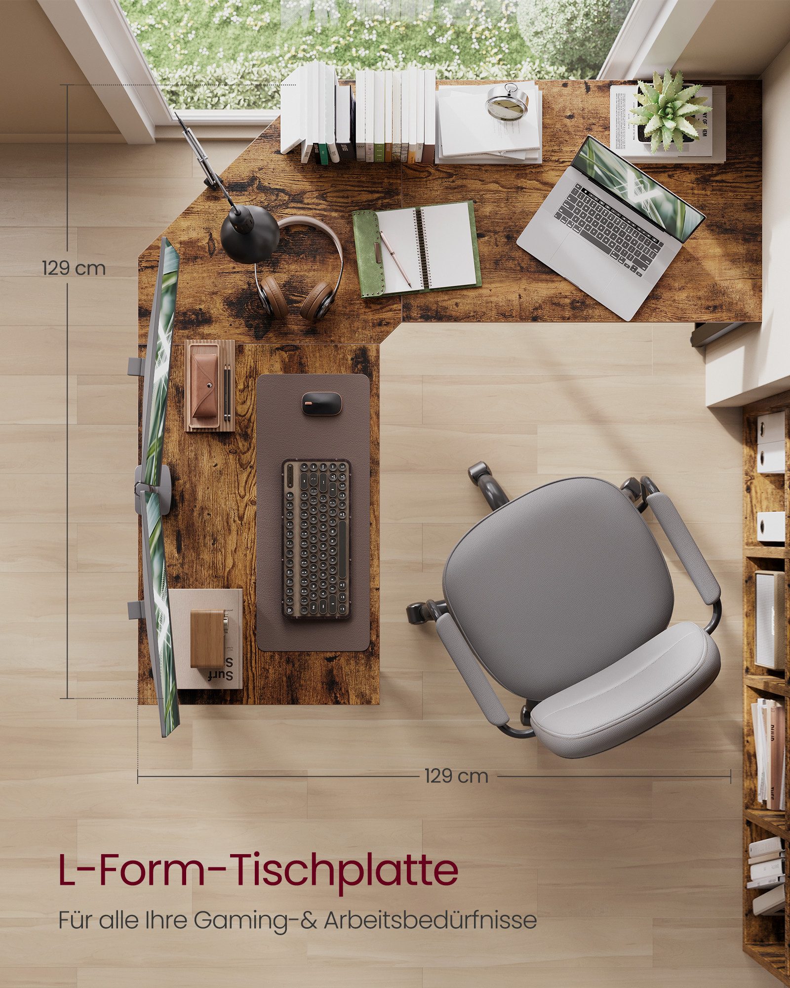 VASAGLE Schreibtisch L-förmiger Computertisch, Eckschreibtisch, Gaming, Homeoffice, 129 x 129 x 76 cm, platzsparender Bürotisch, einfacher Aufbau