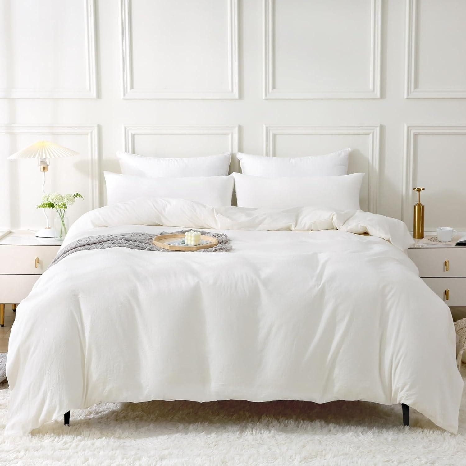 LuxusKollektion Bettwäsche Bettwäsche 220x240 Baumwolle 3tlg Milky White Steinwäsche Optik