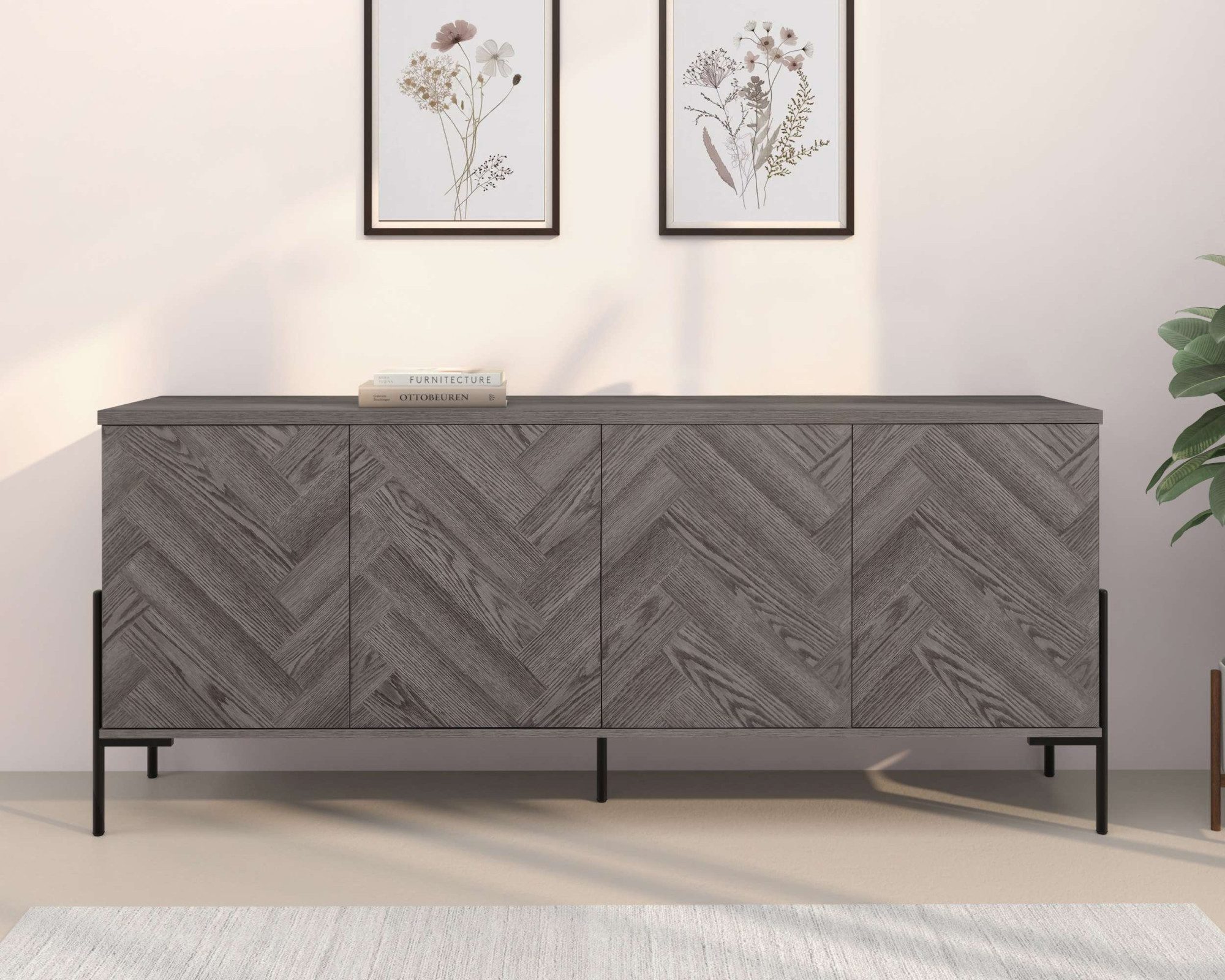 Leonique Sideboard Eadwine, Kommode, Push-to-open, Türen mit Fischgräten Muster, Breite 175 cm