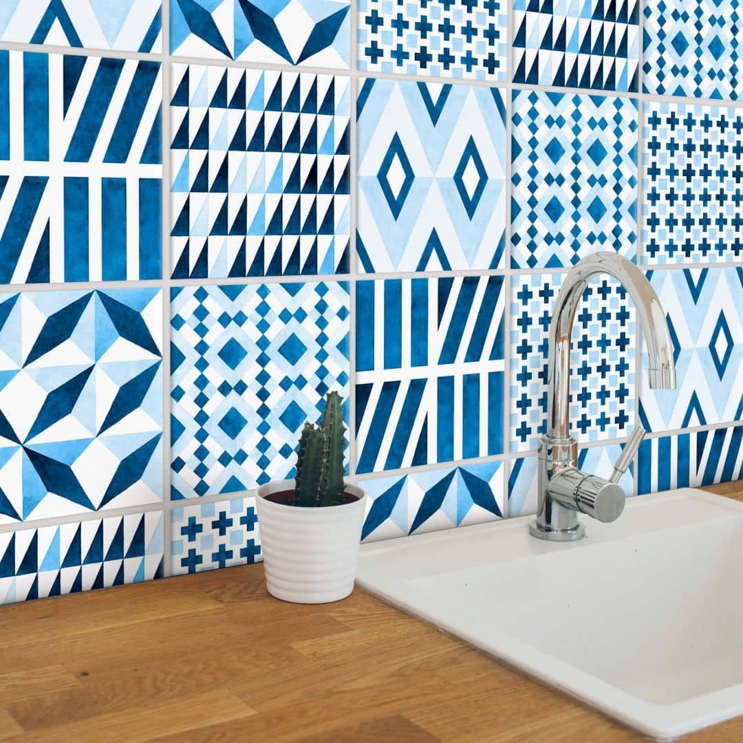 K&L Wall Art Fliesenaufkleber Watercolor, geometrisch, blau, selbstklebend, 12er Set