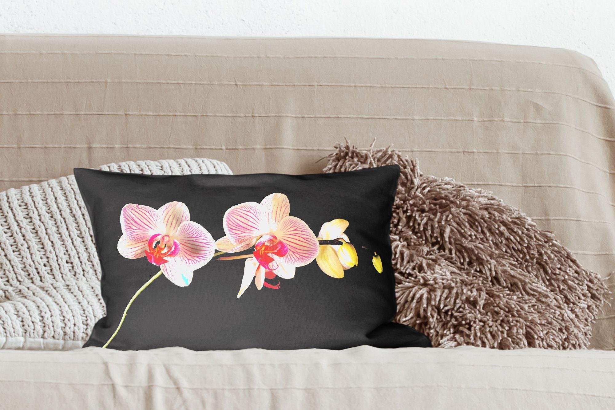 MuchoWow Dekokissen Orchidee - Blumen Rosa Zierkissen, - Schwarz mit Knöpfe, Wohzimmer Dekokissen - - Füllung, Schlafzimmer Dekoration