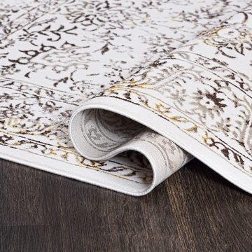 Designteppich Vintage Teppich für Wohnzimmer - Glänzende - Creme Beige mit Gold, Mazovia, 80 x 150 cm, Glänzende Vintage, Höhe 10 mm, Kurzflor - niedrige Florhöhe, Weich, Pflegeleicht