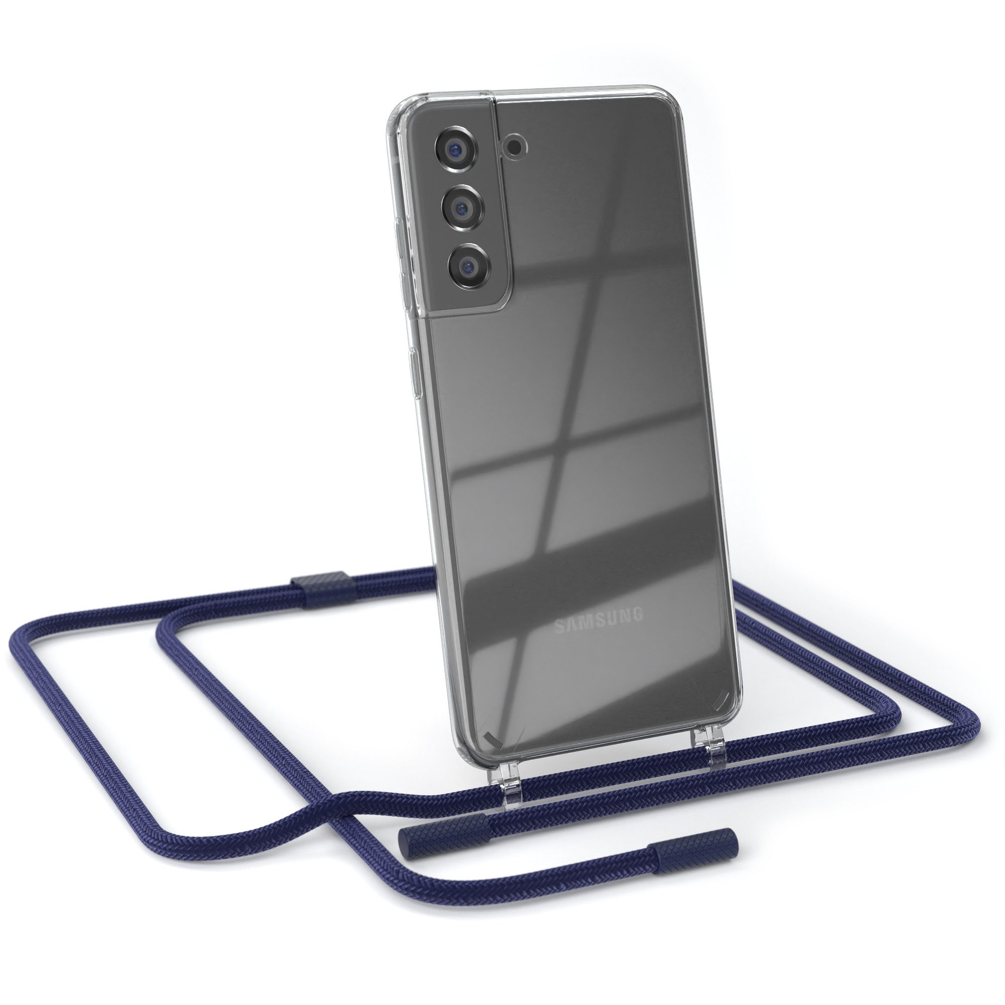 EAZY CASE Handykette Silikon Kette Unifarbe für Galaxy S21 FE 5G 6,41 Zoll, Handytasche durchsichtige Silikon Hülle mit breitem Umhängeband Blau