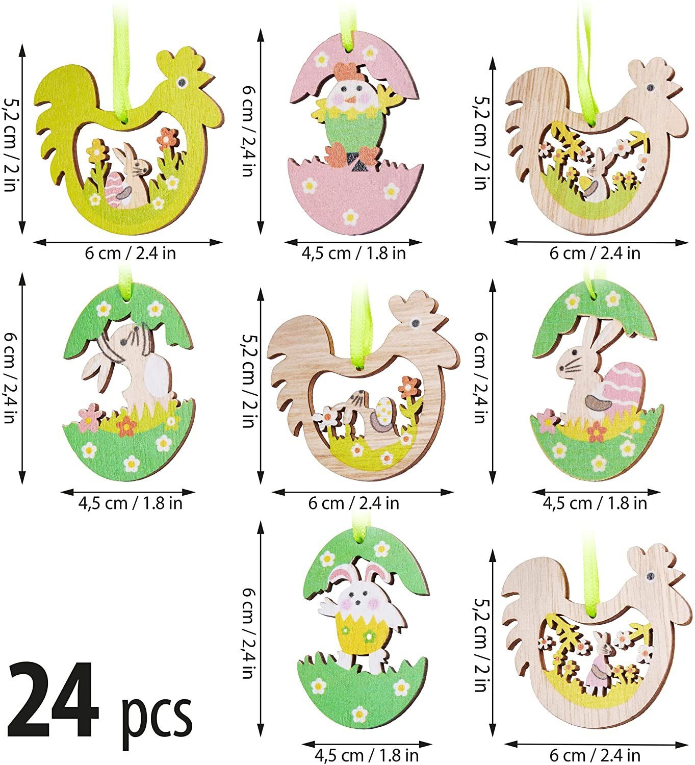 BRUBAKER Dekohänger Ostereier, Osterhasen und Hühner Dekoanhänger - Holzanhänger Ostern (Set, 24 St., Frühlingsdekoration), ca. 6 cm - Holz Deko Osteranhänger für DIY Basteln