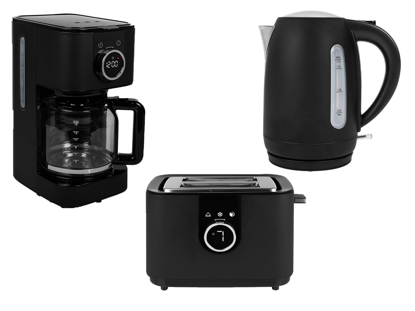 Design Frühstück-Set Wasserkocher Kaffeemaschine Frühstücks-Set & PRINCESS Toaster Edelstahl (3-tlg), Setpoint
