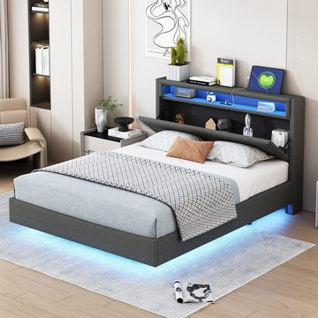 MODFU Polsterbett mit USB-Steckdose und LED-Licht, wendbares Kopfteil (verdecktes Fußteil, Doppelflachbett, Jugendbett, Erwachsenenbett, Leinenstoff), 140x200 cm