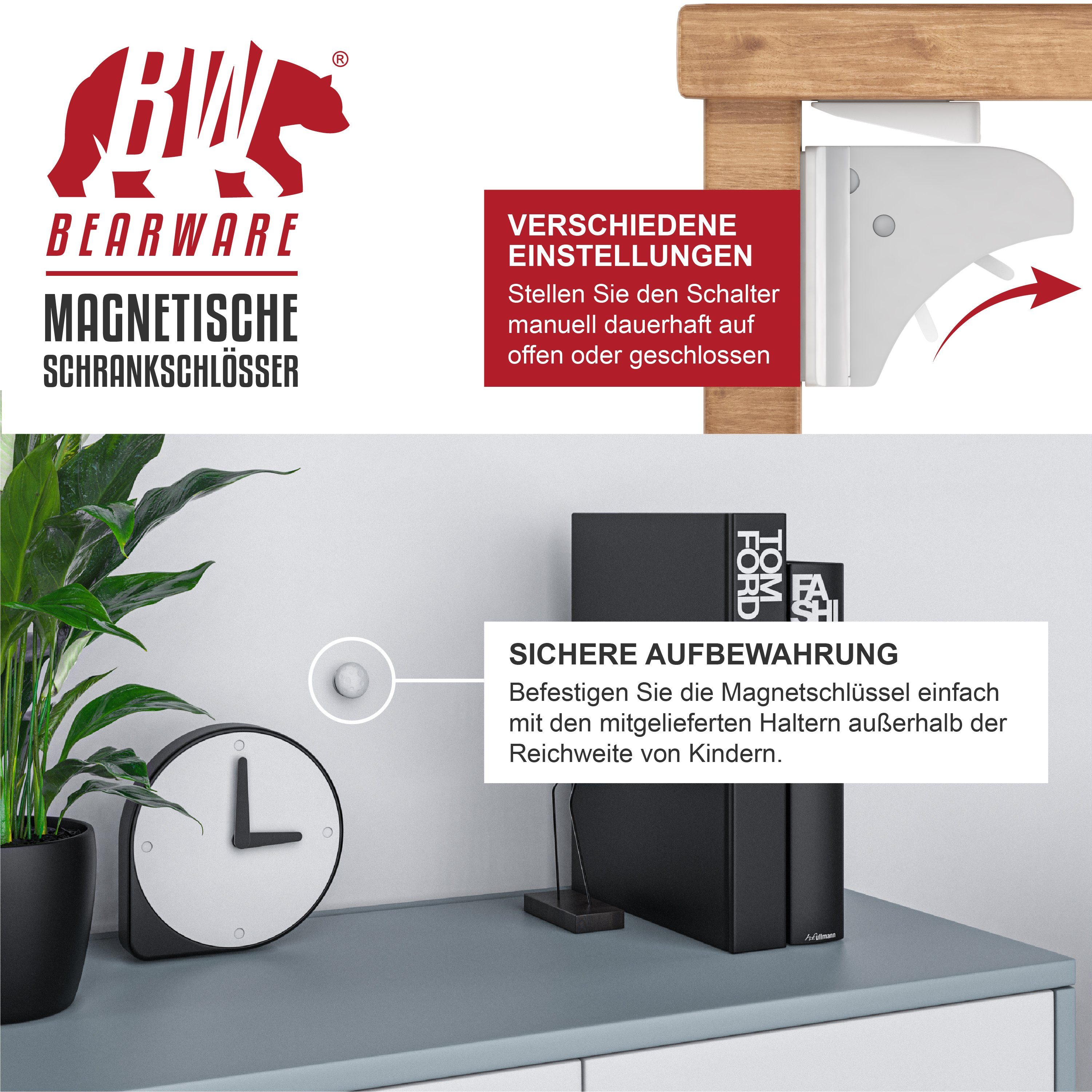 BEARWARE Kindersicherung Babysicherung Schrankschloss, Schranksicherung magnetisch 10 Schlösser, Magnet Schloss für Schrank und Schubladen, Bohren ohne Werkzeug